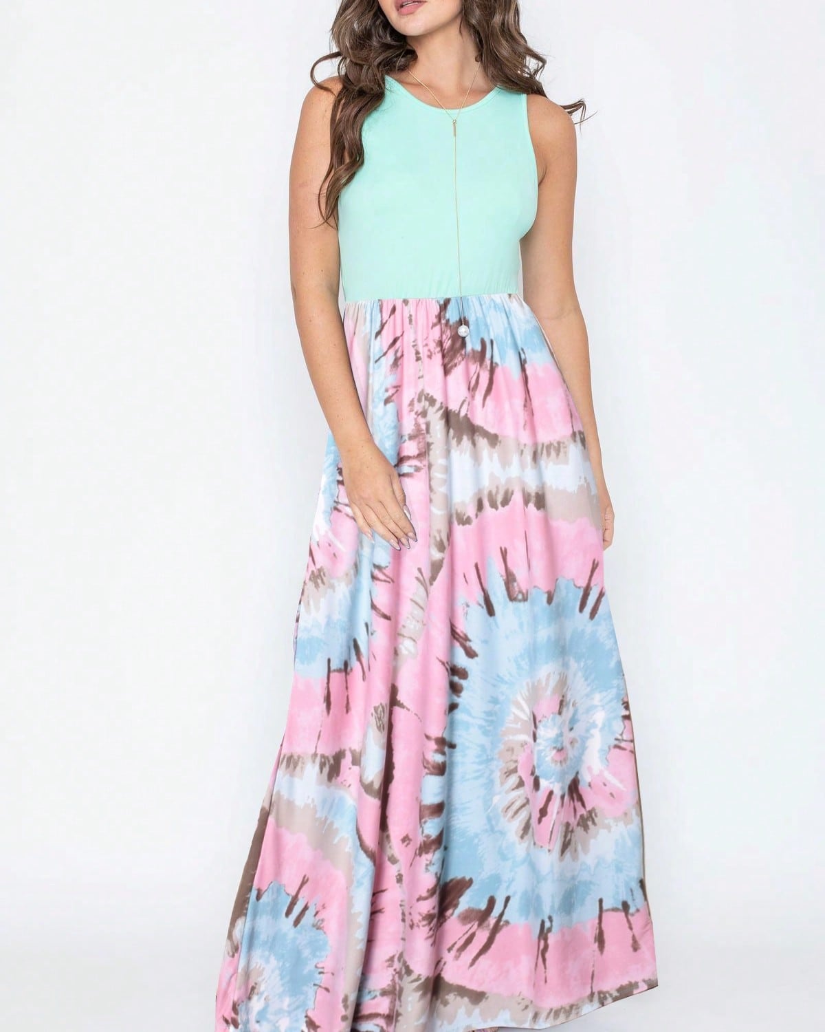 Halter Sleeveless Ditsy Floral Vacation Cruise Multi Chevron Stripe Yellow, Navy And Mint Sleeveless Maxi Dress With Pocket | S-3X