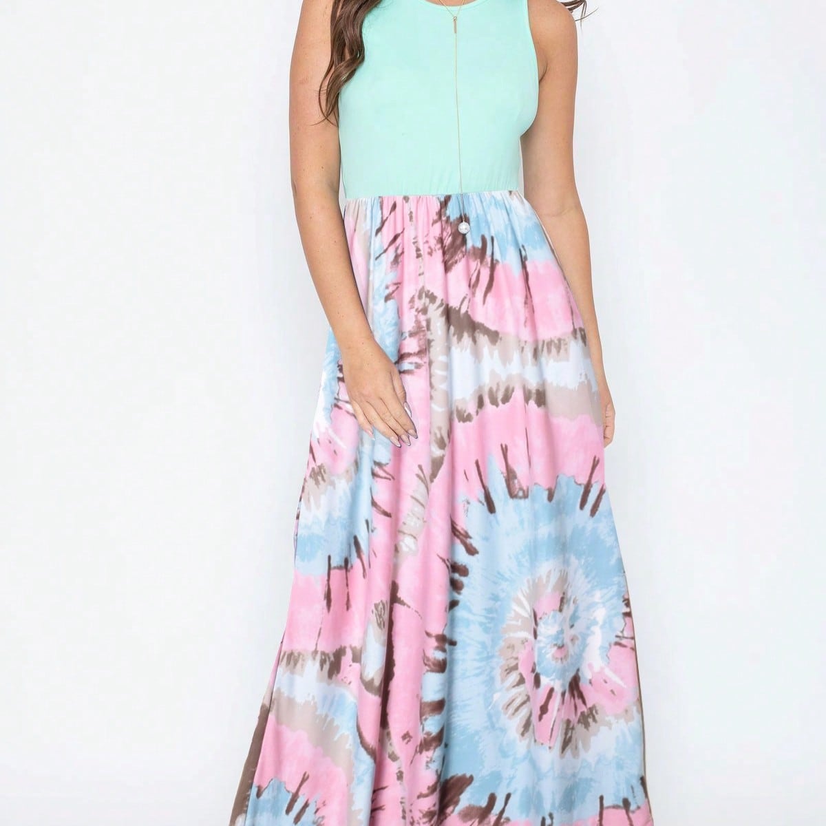 Halter Sleeveless Ditsy Floral Vacation Cruise Multi Chevron Stripe Yellow, Navy And Mint Sleeveless Maxi Dress With Pocket | S-3X