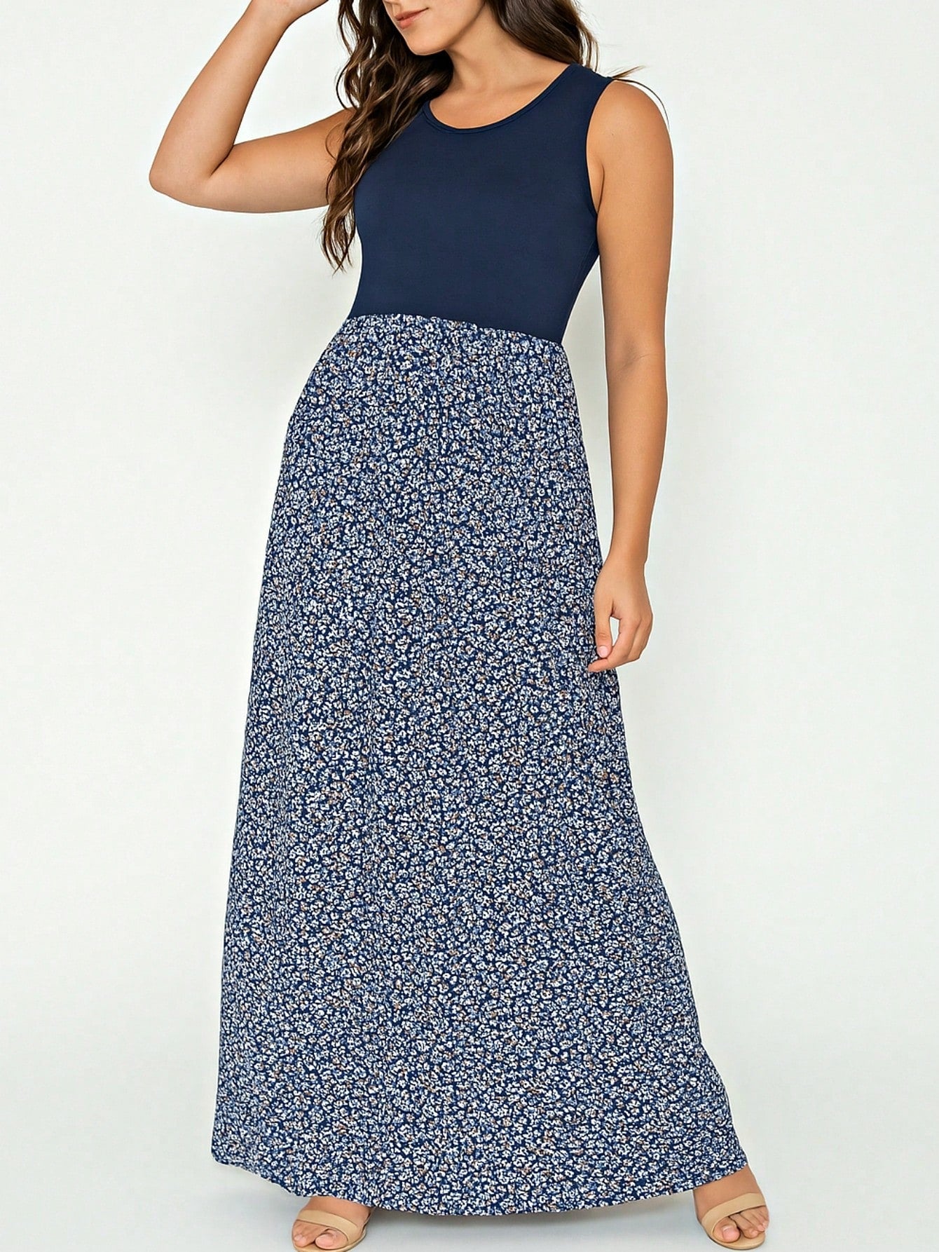 Halter Sleeveless Ditsy Floral Vacation Cruise Multi Chevron Stripe Yellow, Navy And Mint Sleeveless Maxi Dress With Pocket | S-3X