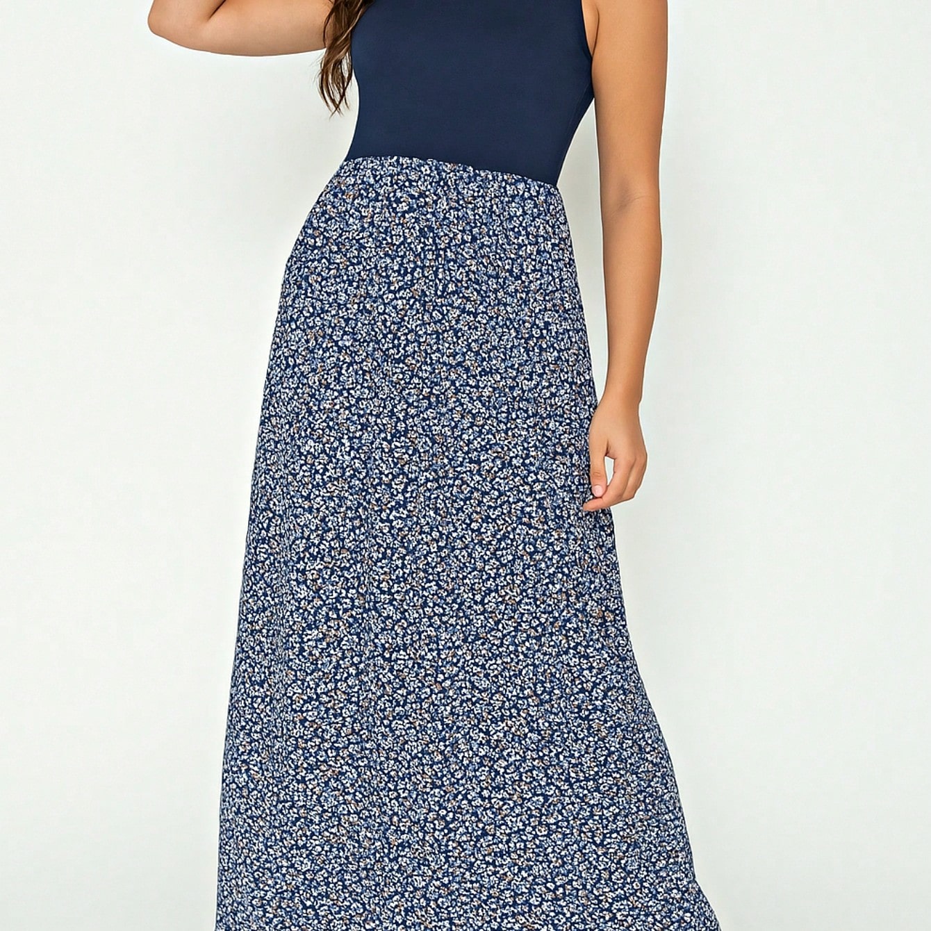 Halter Sleeveless Ditsy Floral Vacation Cruise Multi Chevron Stripe Yellow, Navy And Mint Sleeveless Maxi Dress With Pocket | S-3X