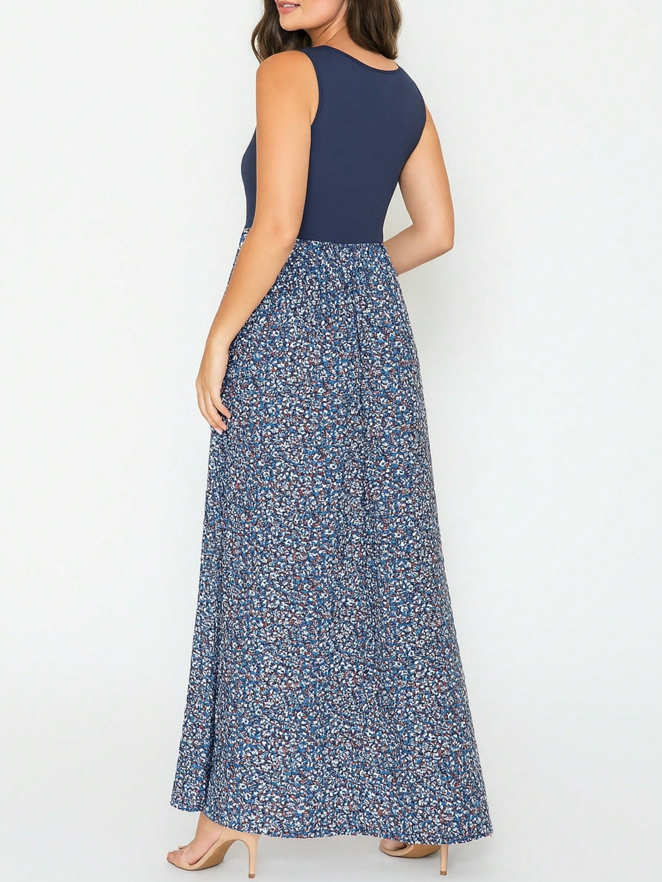 Halter Sleeveless Ditsy Floral Vacation Cruise Multi Chevron Stripe Yellow, Navy And Mint Sleeveless Maxi Dress With Pocket | S-3X