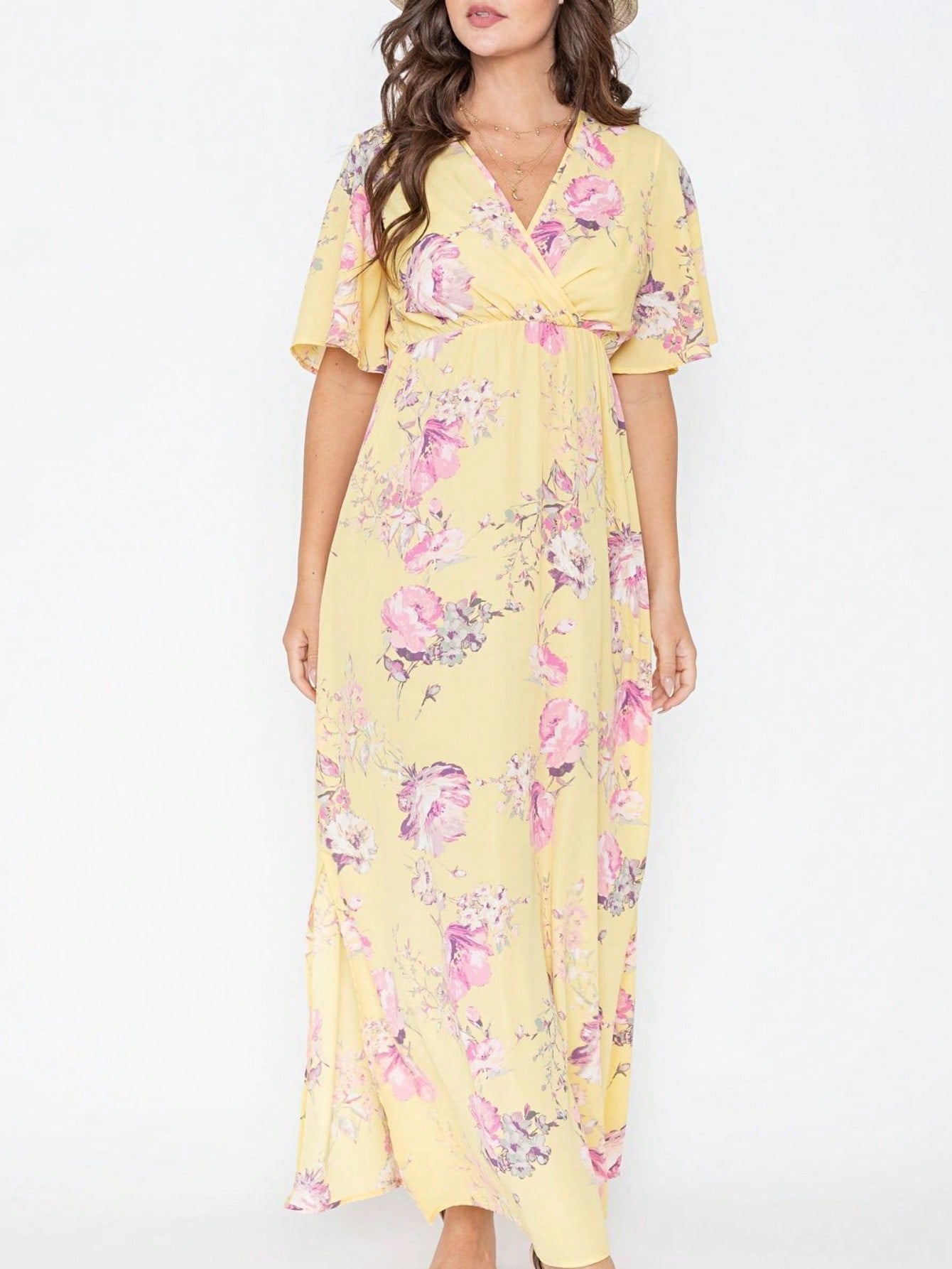Tiered Tropical Short Sleeve Leaves Floral  Maxi Long Woven Dress