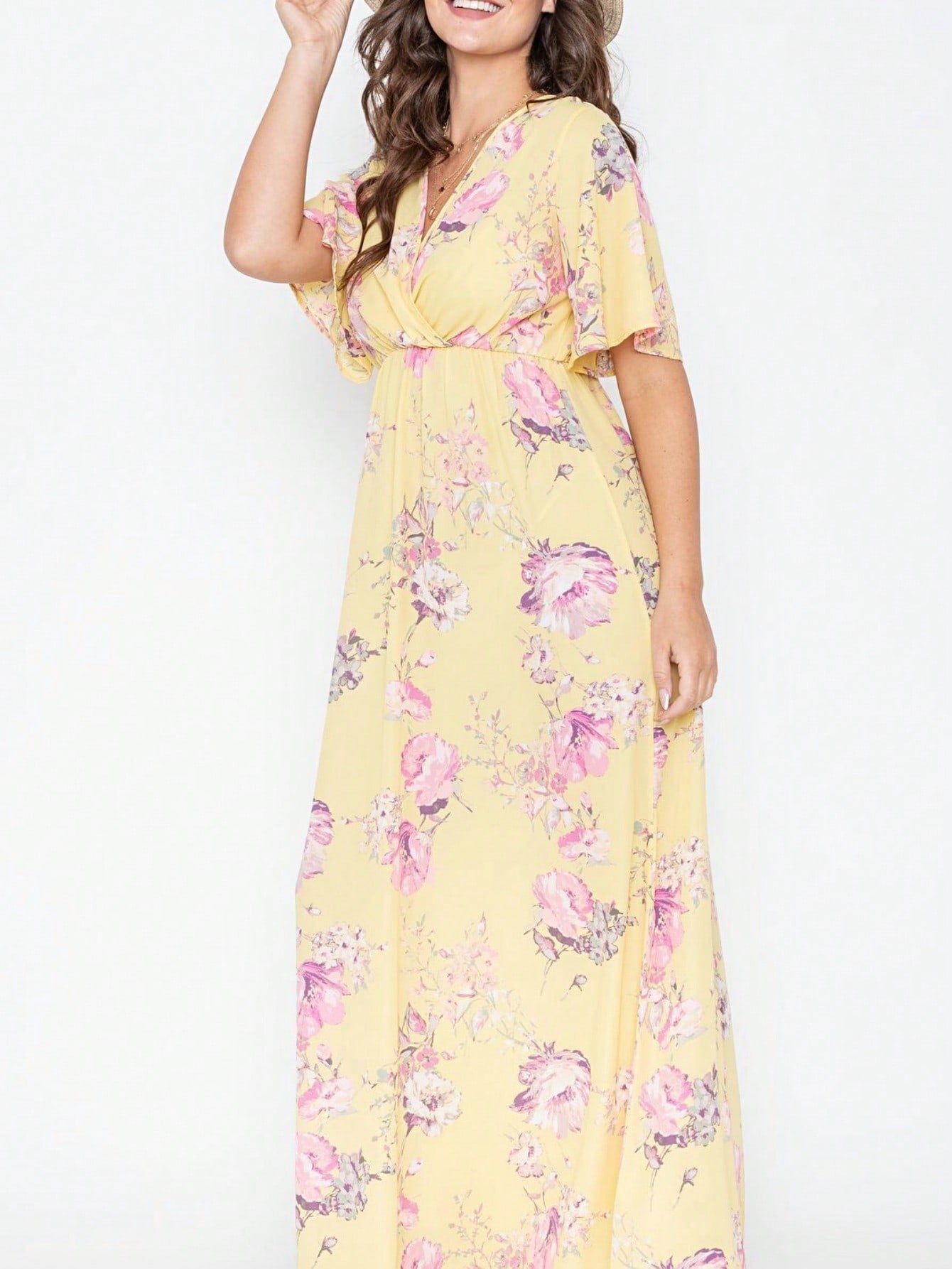 Tiered Tropical Short Sleeve Leaves Floral  Maxi Long Woven Dress