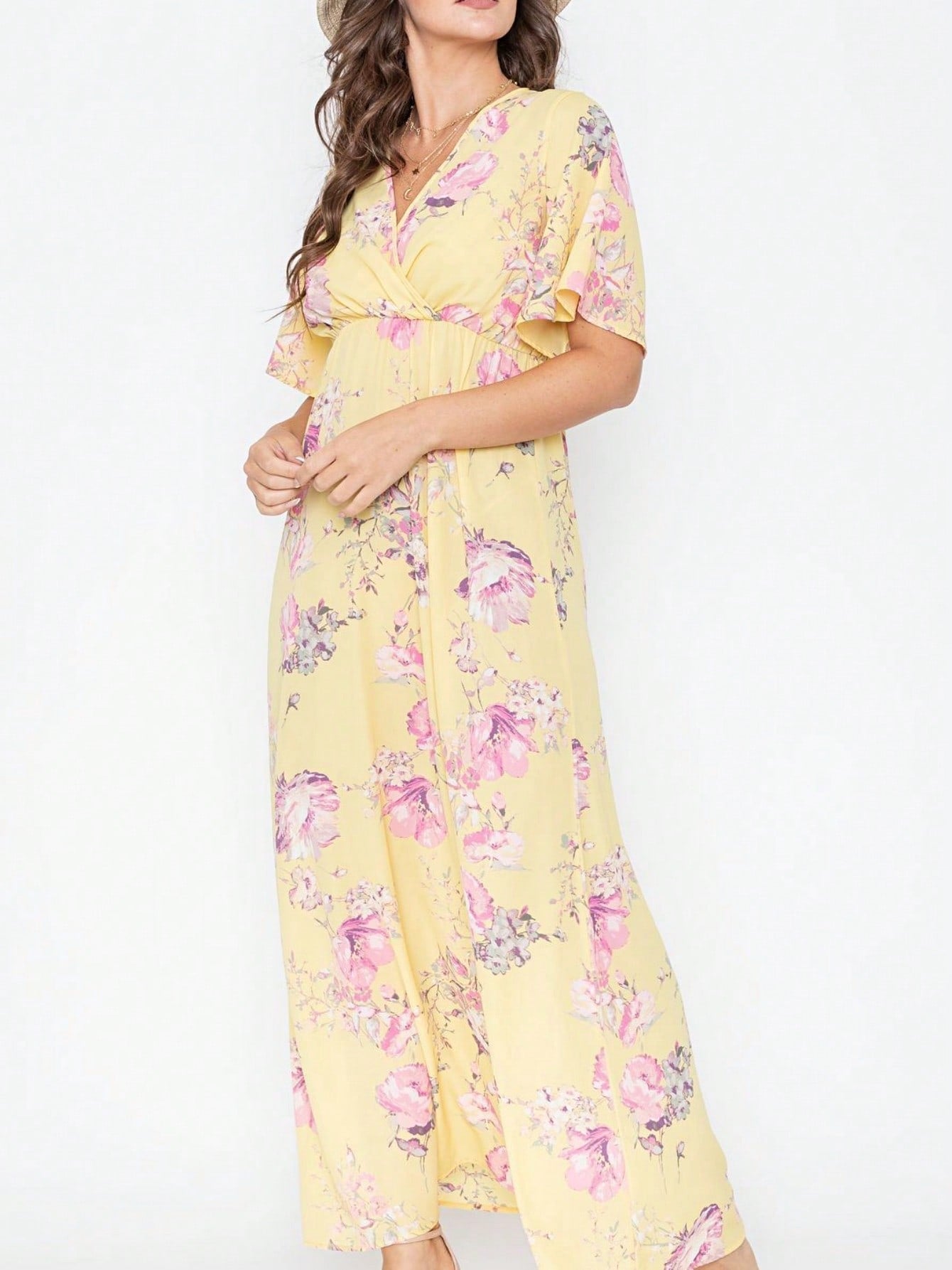 Tiered Tropical Short Sleeve Leaves Floral  Maxi Long Woven Dress