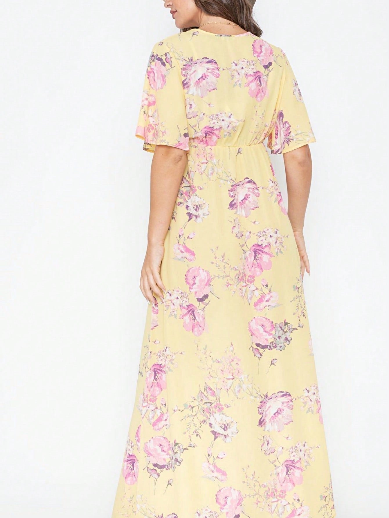 Tiered Tropical Short Sleeve Leaves Floral  Maxi Long Woven Dress