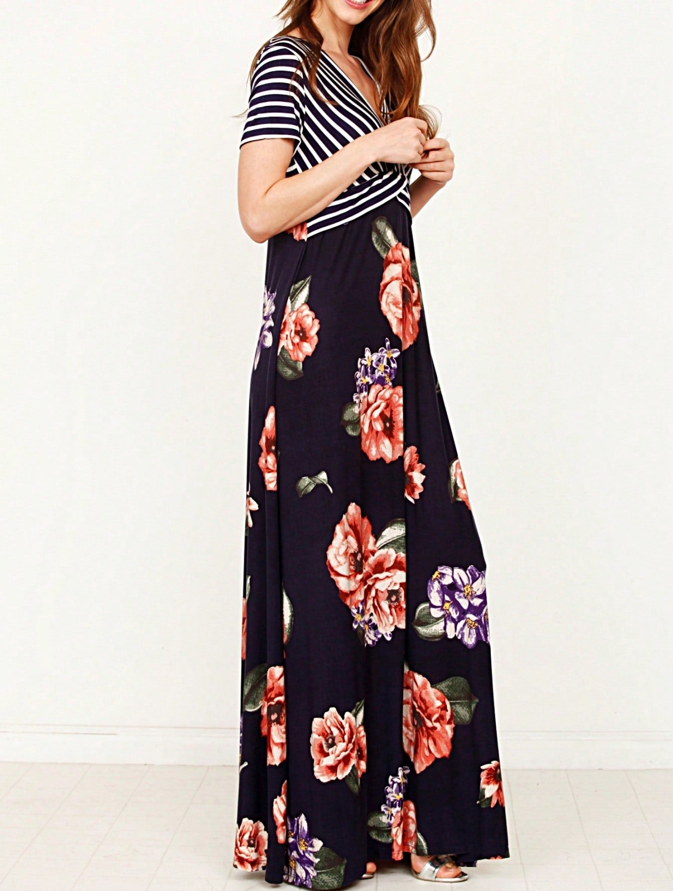 Tiered Tropical Short Sleeve Leaves Floral  Maxi Long Woven Dress