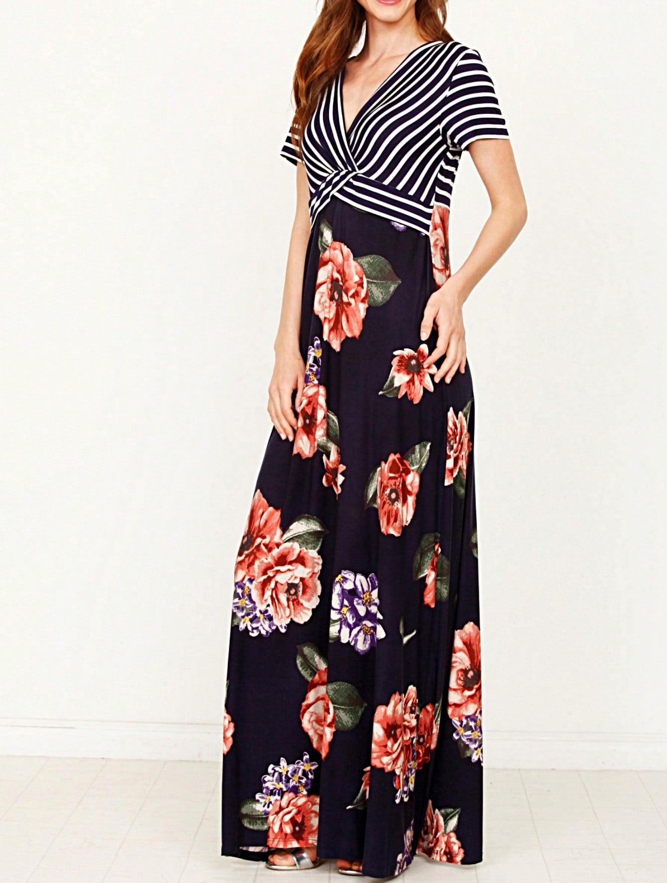 Tiered Tropical Short Sleeve Leaves Floral  Maxi Long Woven Dress