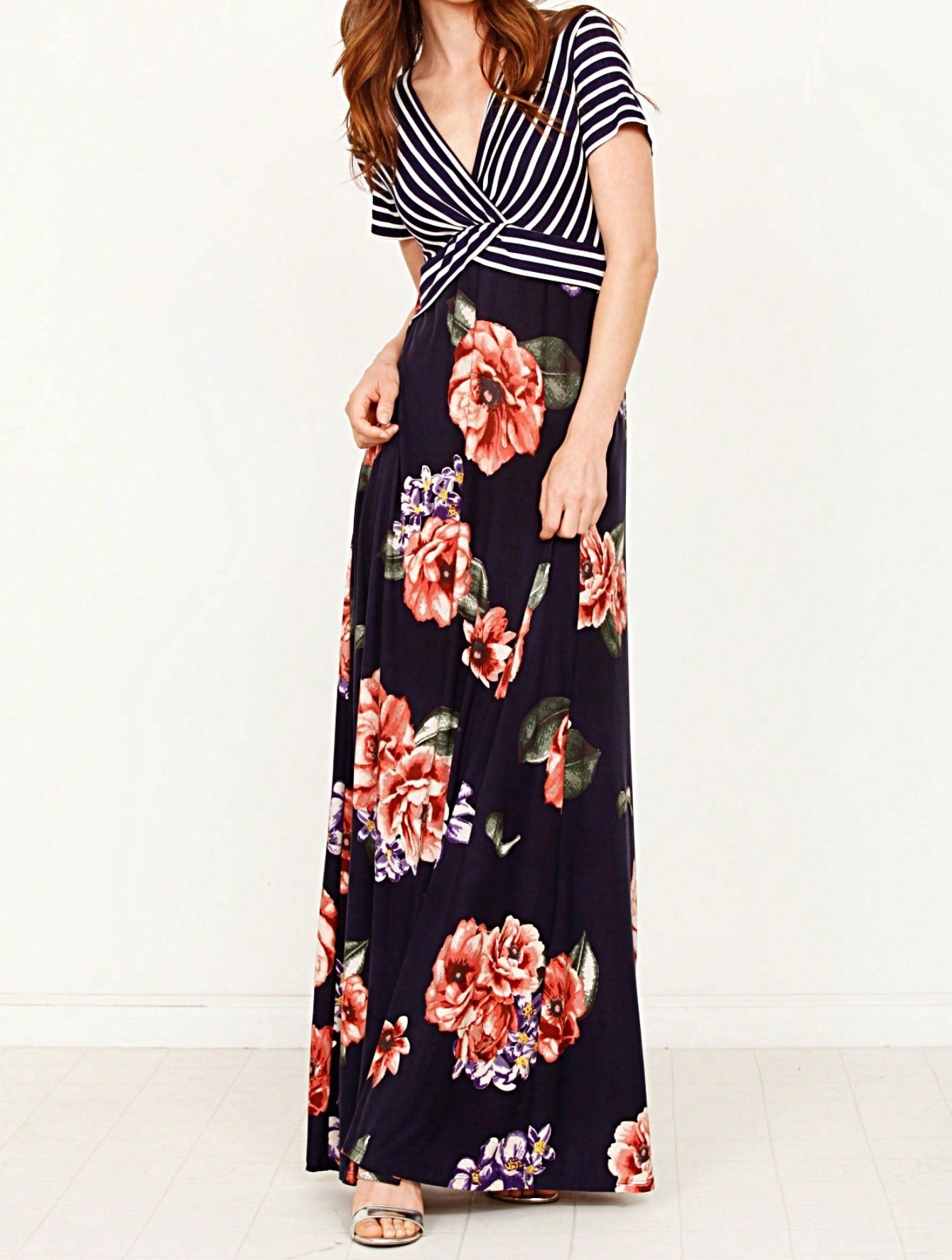 Tiered Tropical Short Sleeve Leaves Floral  Maxi Long Woven Dress