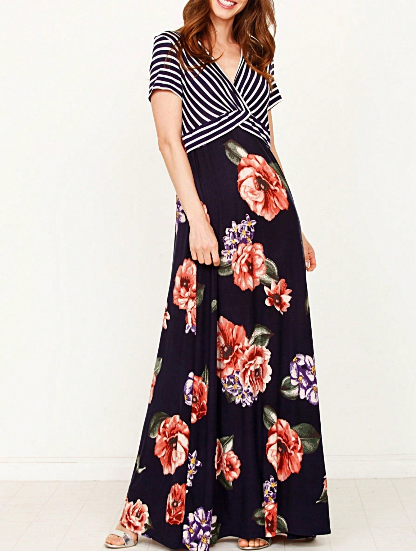 Tiered Tropical Short Sleeve Leaves Floral  Maxi Long Woven Dress
