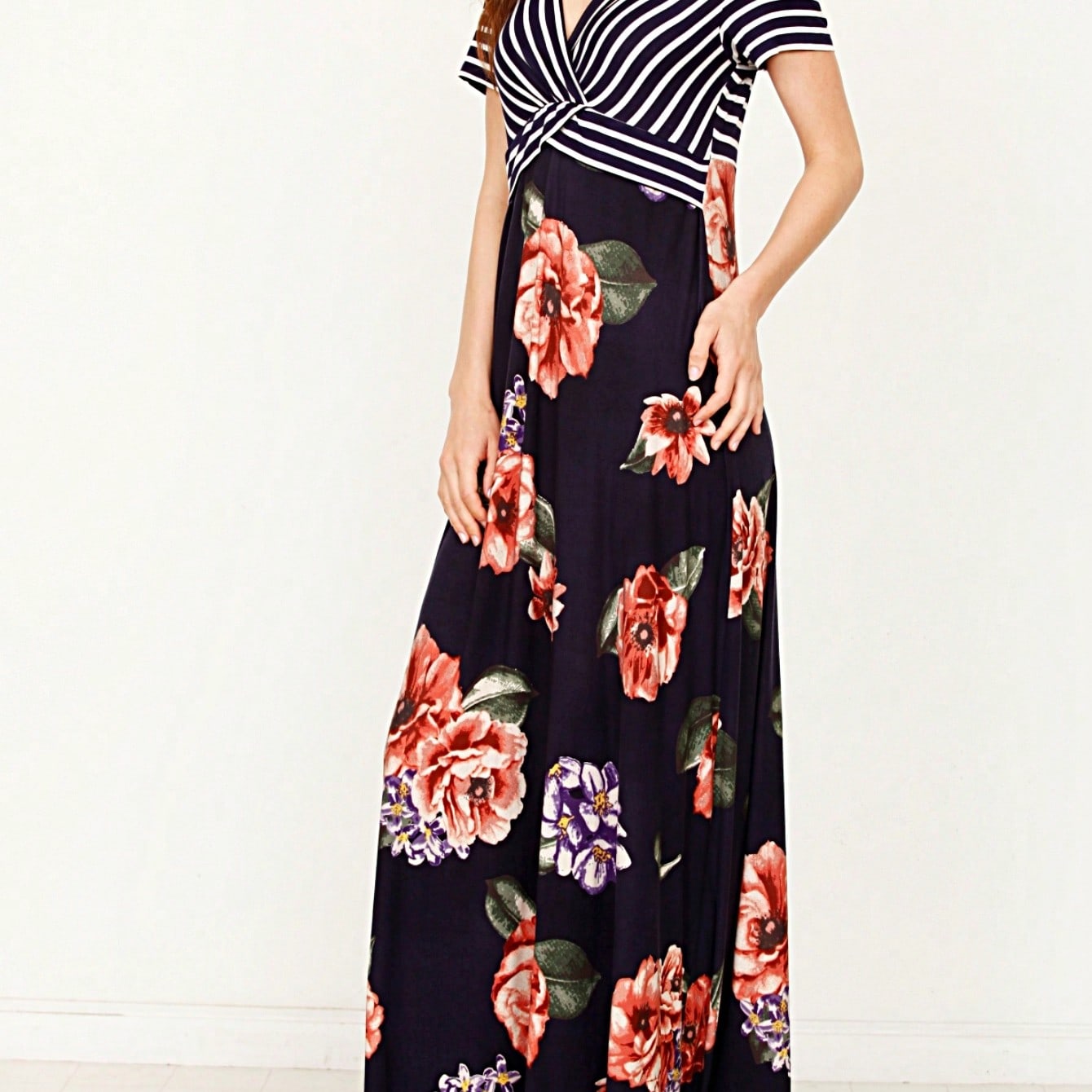 Tiered Tropical Short Sleeve Leaves Floral  Maxi Long Woven Dress