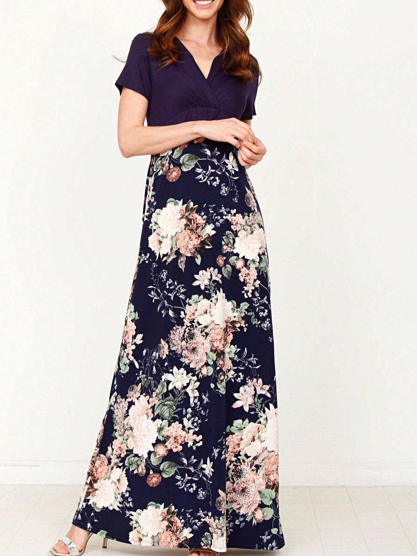 Tiered Tropical Short Sleeve Leaves Floral  Maxi Long Woven Dress