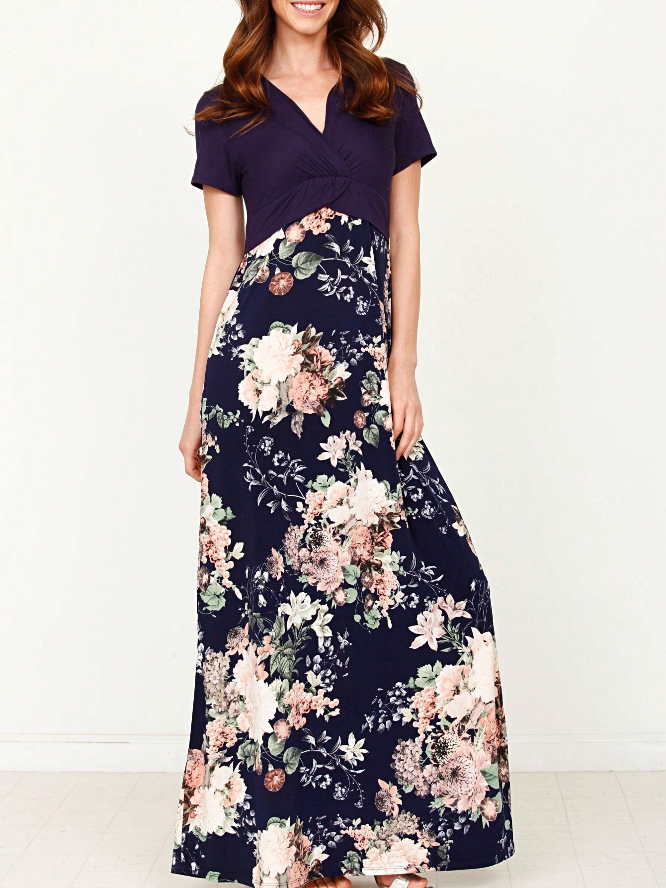 Tiered Tropical Short Sleeve Leaves Floral  Maxi Long Woven Dress