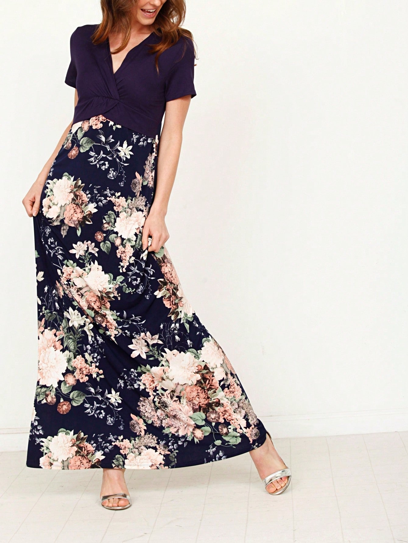 Tiered Tropical Short Sleeve Leaves Floral  Maxi Long Woven Dress