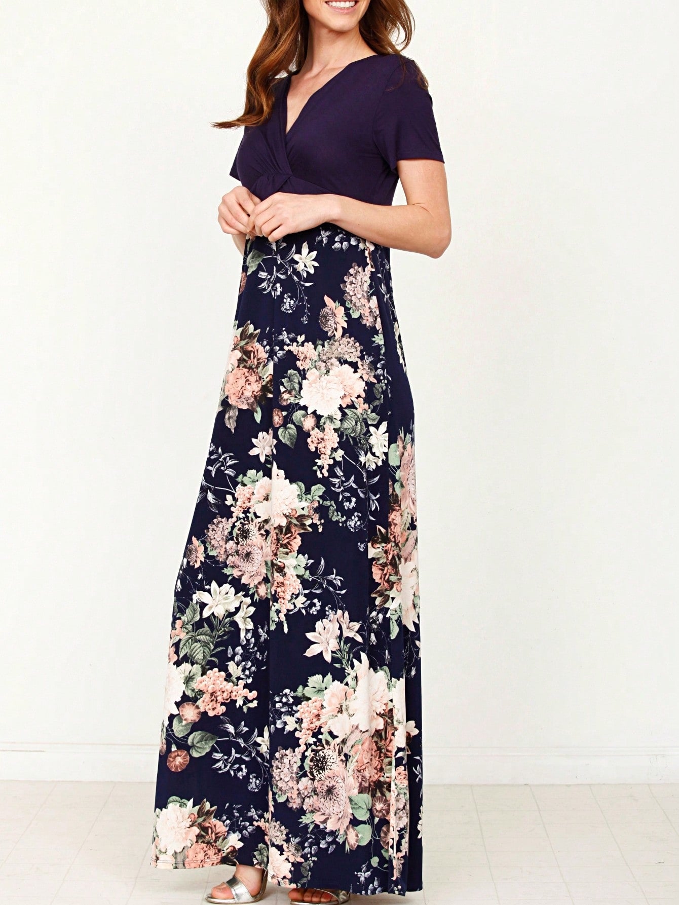 Tiered Tropical Short Sleeve Leaves Floral  Maxi Long Woven Dress