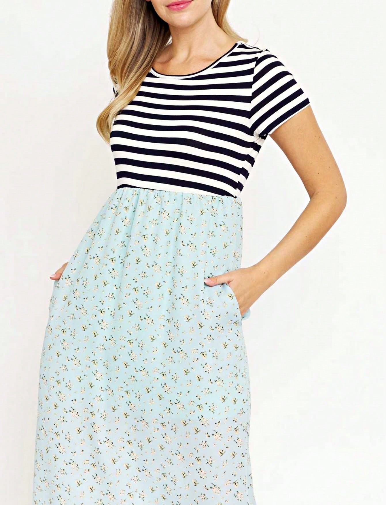 Halter Sleeveless Ditsy Floral Vacation Cruise Multi Chevron Stripe Yellow, Navy And Mint Sleeveless Maxi Dress With Pocket | S-3X