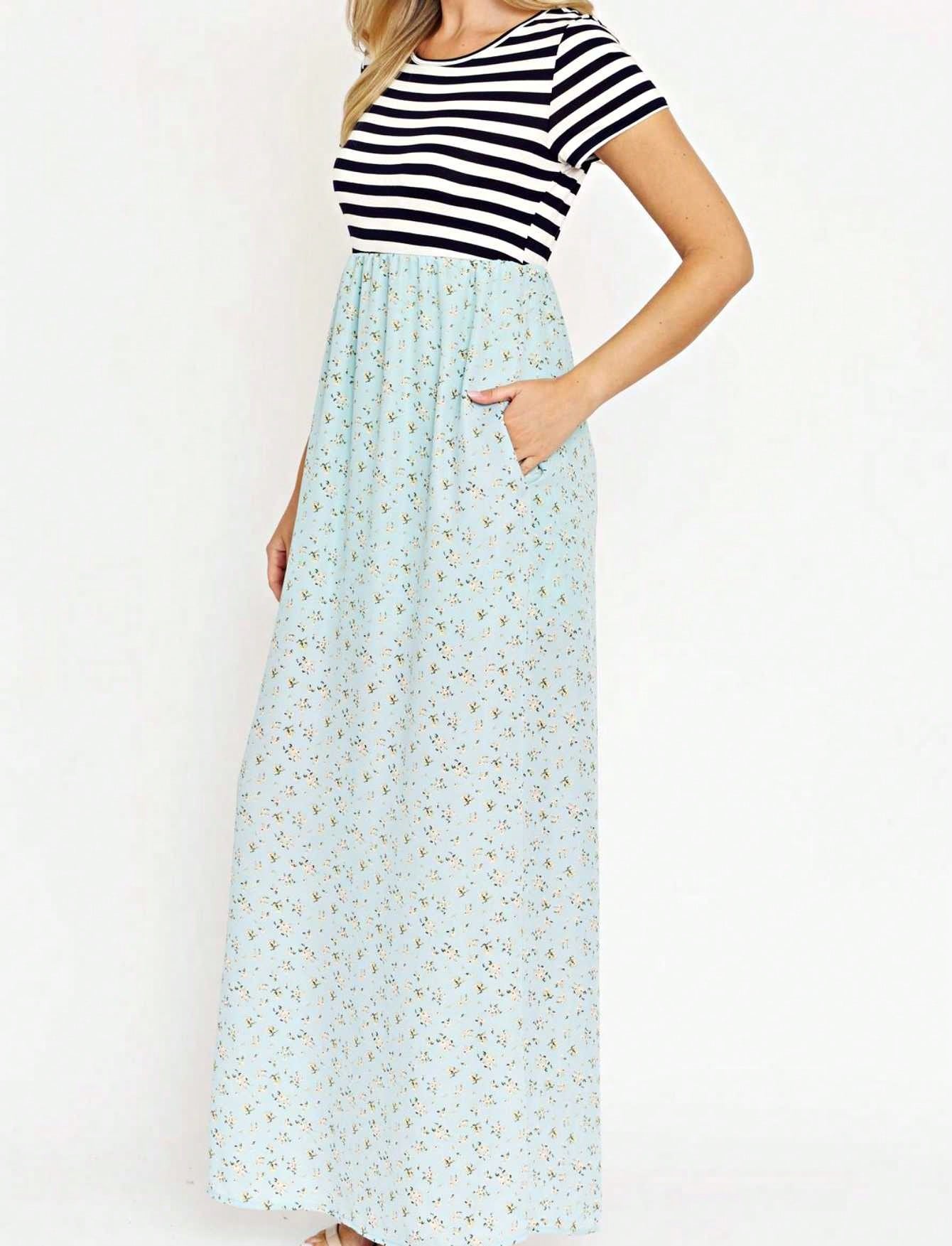 Halter Sleeveless Ditsy Floral Vacation Cruise Multi Chevron Stripe Yellow, Navy And Mint Sleeveless Maxi Dress With Pocket | S-3X