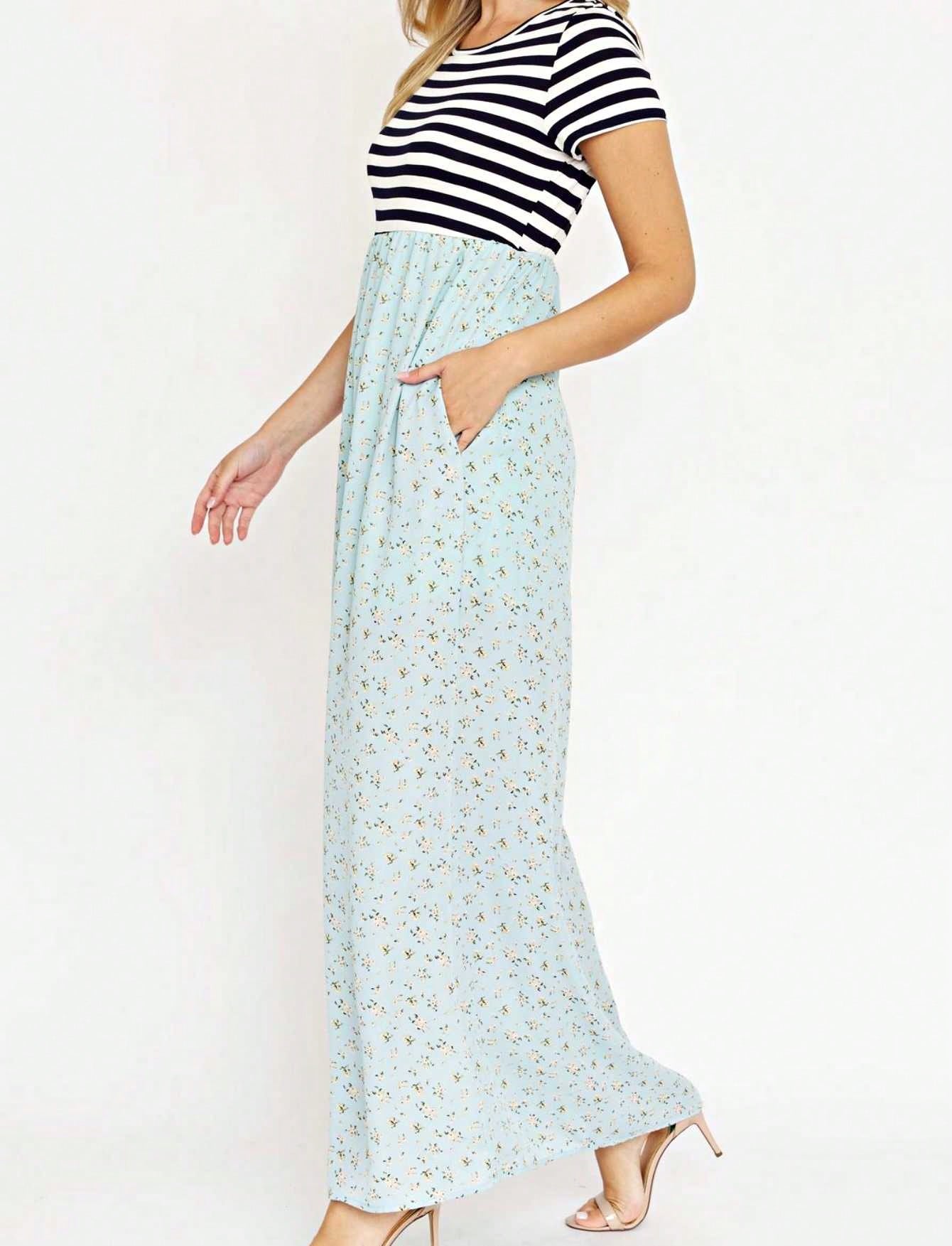 Halter Sleeveless Ditsy Floral Vacation Cruise Multi Chevron Stripe Yellow, Navy And Mint Sleeveless Maxi Dress With Pocket | S-3X