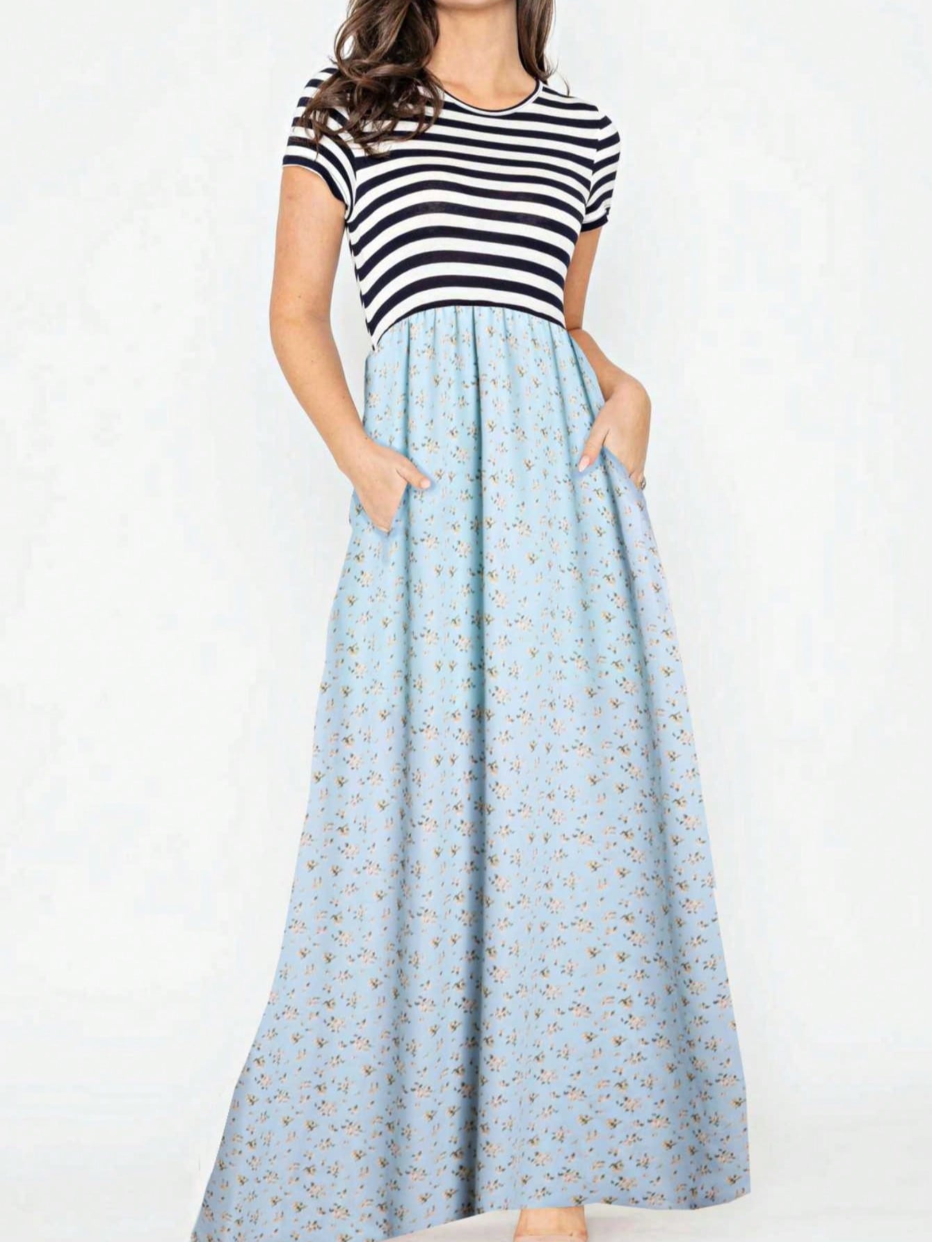 Halter Sleeveless Ditsy Floral Vacation Cruise Multi Chevron Stripe Yellow, Navy And Mint Sleeveless Maxi Dress With Pocket | S-3X