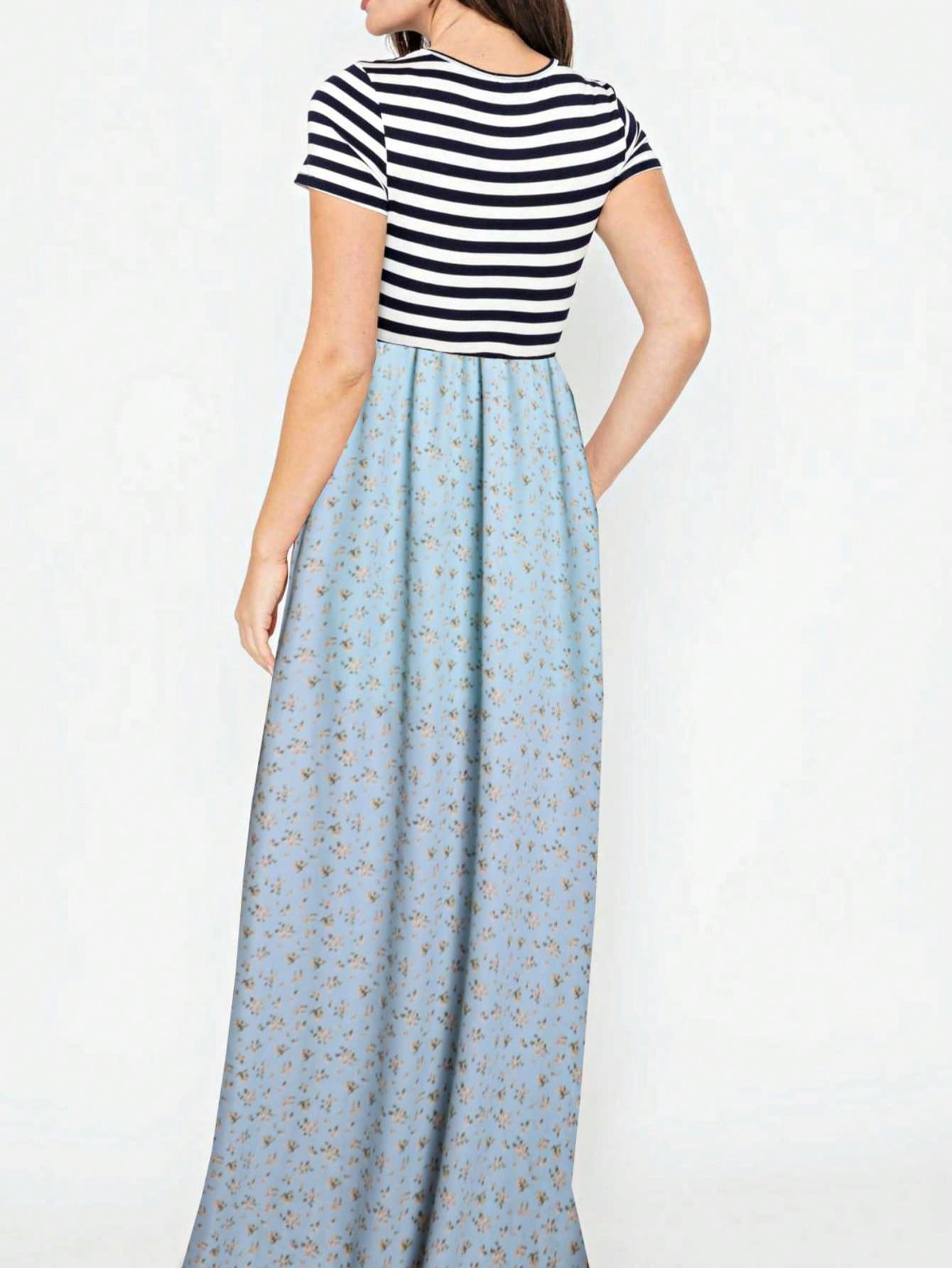 Halter Sleeveless Ditsy Floral Vacation Cruise Multi Chevron Stripe Yellow, Navy And Mint Sleeveless Maxi Dress With Pocket | S-3X