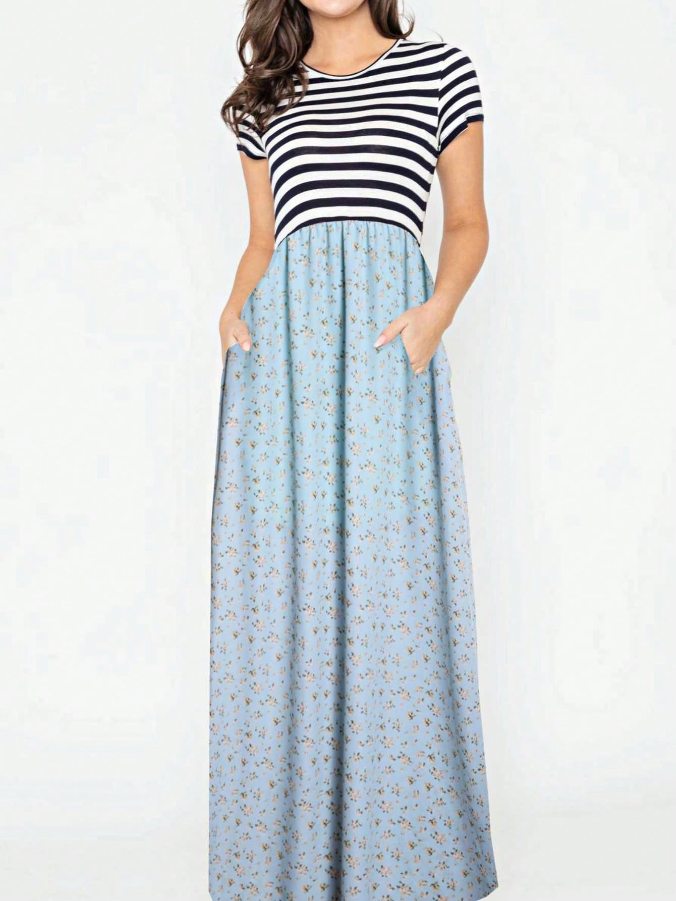 Halter Sleeveless Ditsy Floral Vacation Cruise Multi Chevron Stripe Yellow, Navy And Mint Sleeveless Maxi Dress With Pocket | S-3X