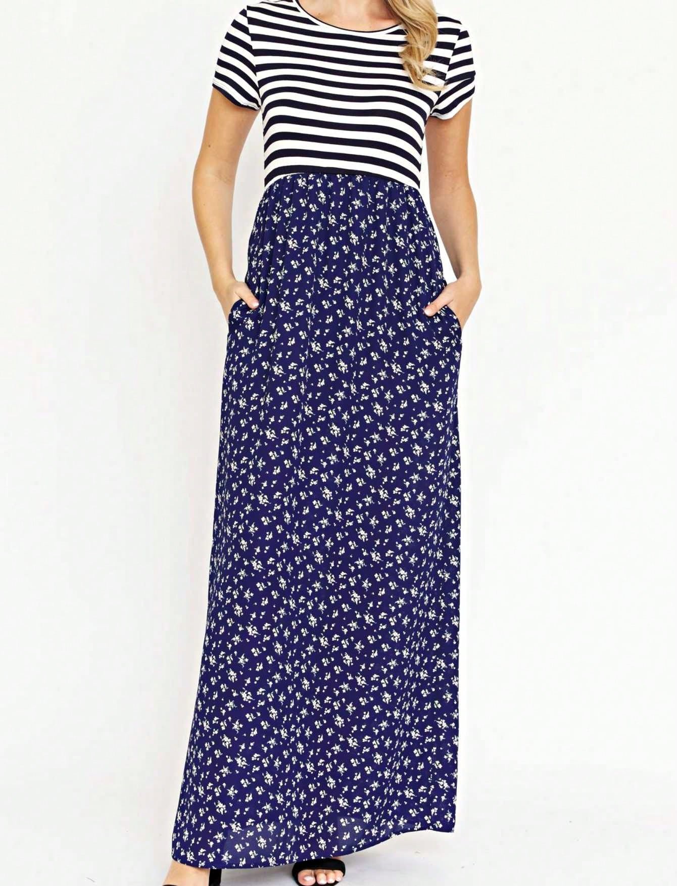 Halter Sleeveless Ditsy Floral Vacation Cruise Multi Chevron Stripe Yellow, Navy And Mint Sleeveless Maxi Dress With Pocket | S-3X