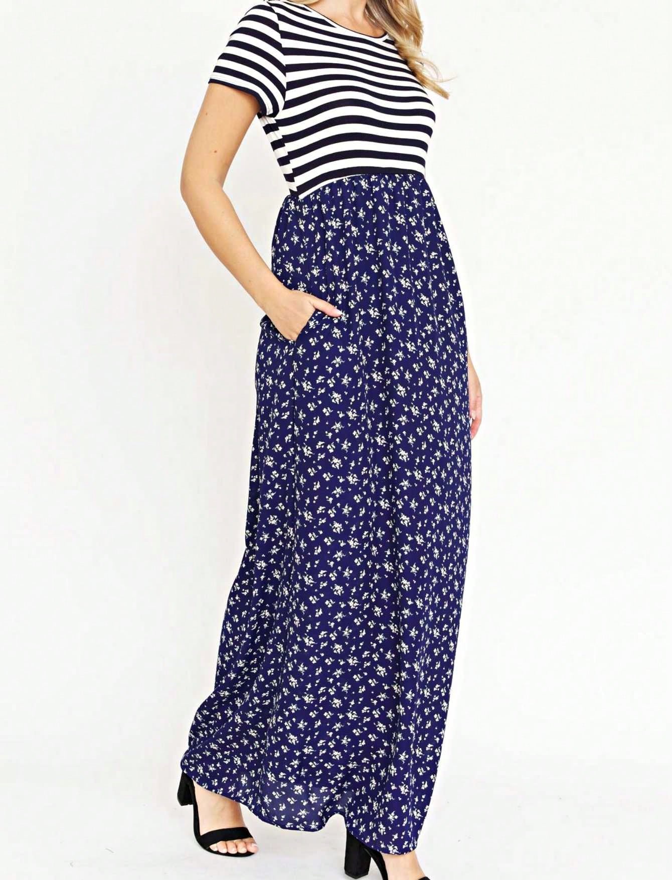 Halter Sleeveless Ditsy Floral Vacation Cruise Multi Chevron Stripe Yellow, Navy And Mint Sleeveless Maxi Dress With Pocket | S-3X