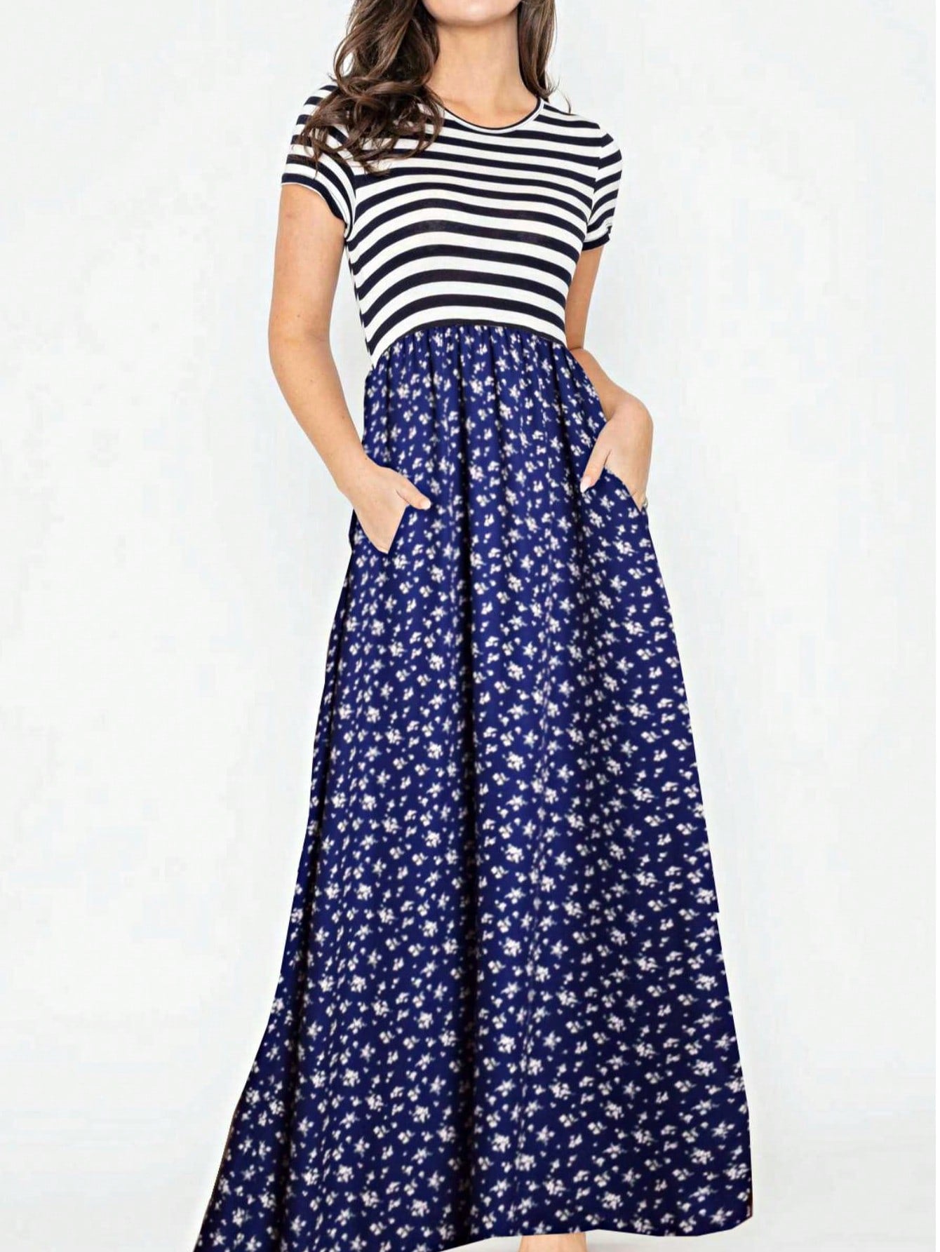Halter Sleeveless Ditsy Floral Vacation Cruise Multi Chevron Stripe Yellow, Navy And Mint Sleeveless Maxi Dress With Pocket | S-3X