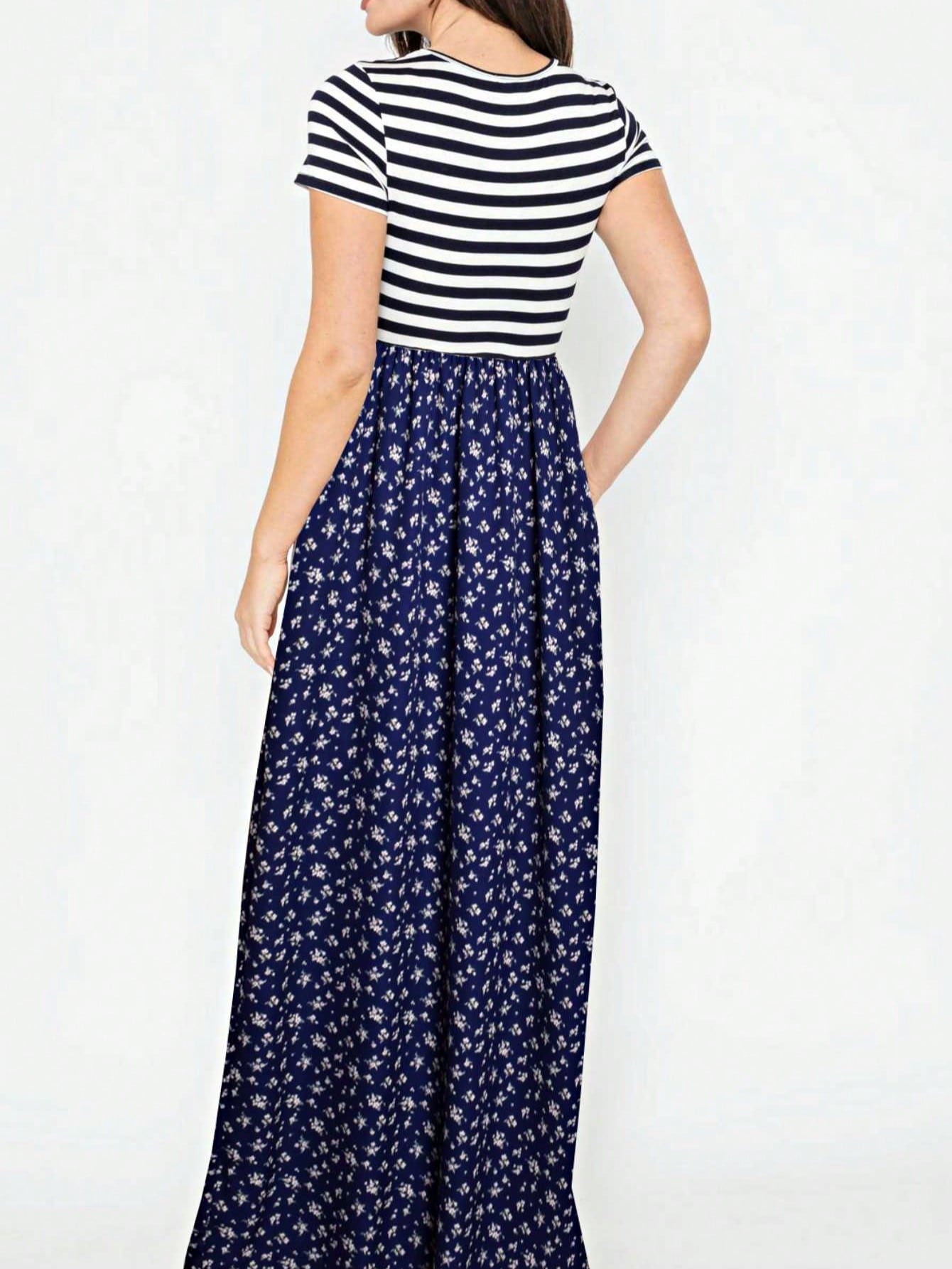 Halter Sleeveless Ditsy Floral Vacation Cruise Multi Chevron Stripe Yellow, Navy And Mint Sleeveless Maxi Dress With Pocket | S-3X