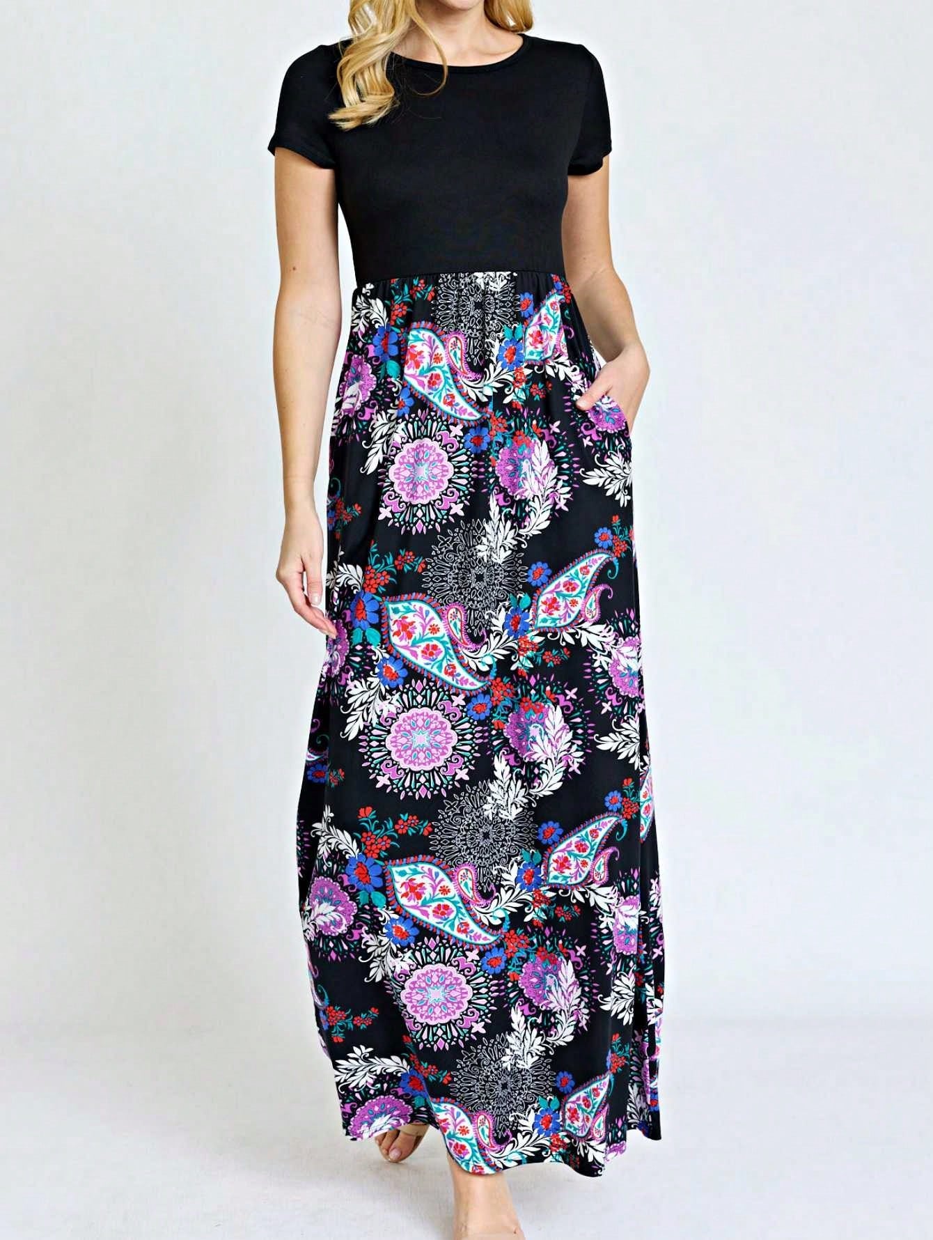 Halter Sleeveless Ditsy Floral Vacation Cruise Multi Chevron Stripe Yellow, Navy And Mint Sleeveless Maxi Dress With Pocket | S-3X