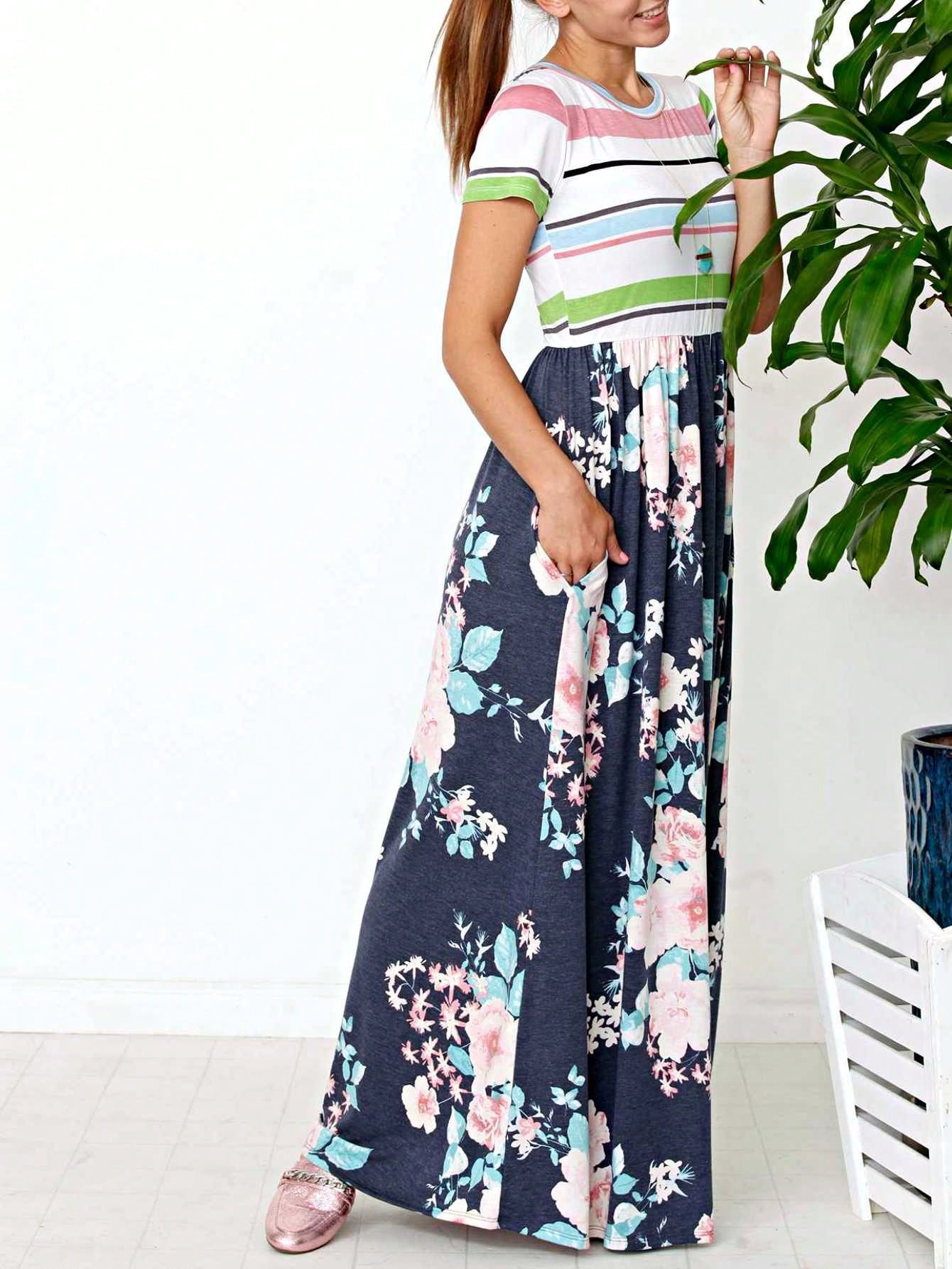 Halter Sleeveless Ditsy Floral Vacation Cruise Multi Chevron Stripe Yellow, Navy And Mint Sleeveless Maxi Dress With Pocket | S-3X