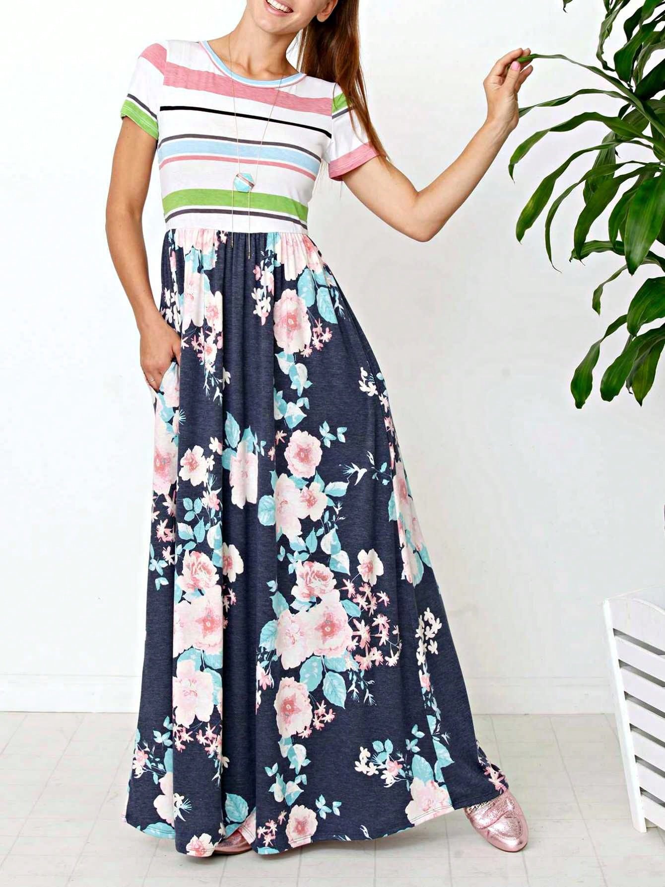Halter Sleeveless Ditsy Floral Vacation Cruise Multi Chevron Stripe Yellow, Navy And Mint Sleeveless Maxi Dress With Pocket | S-3X
