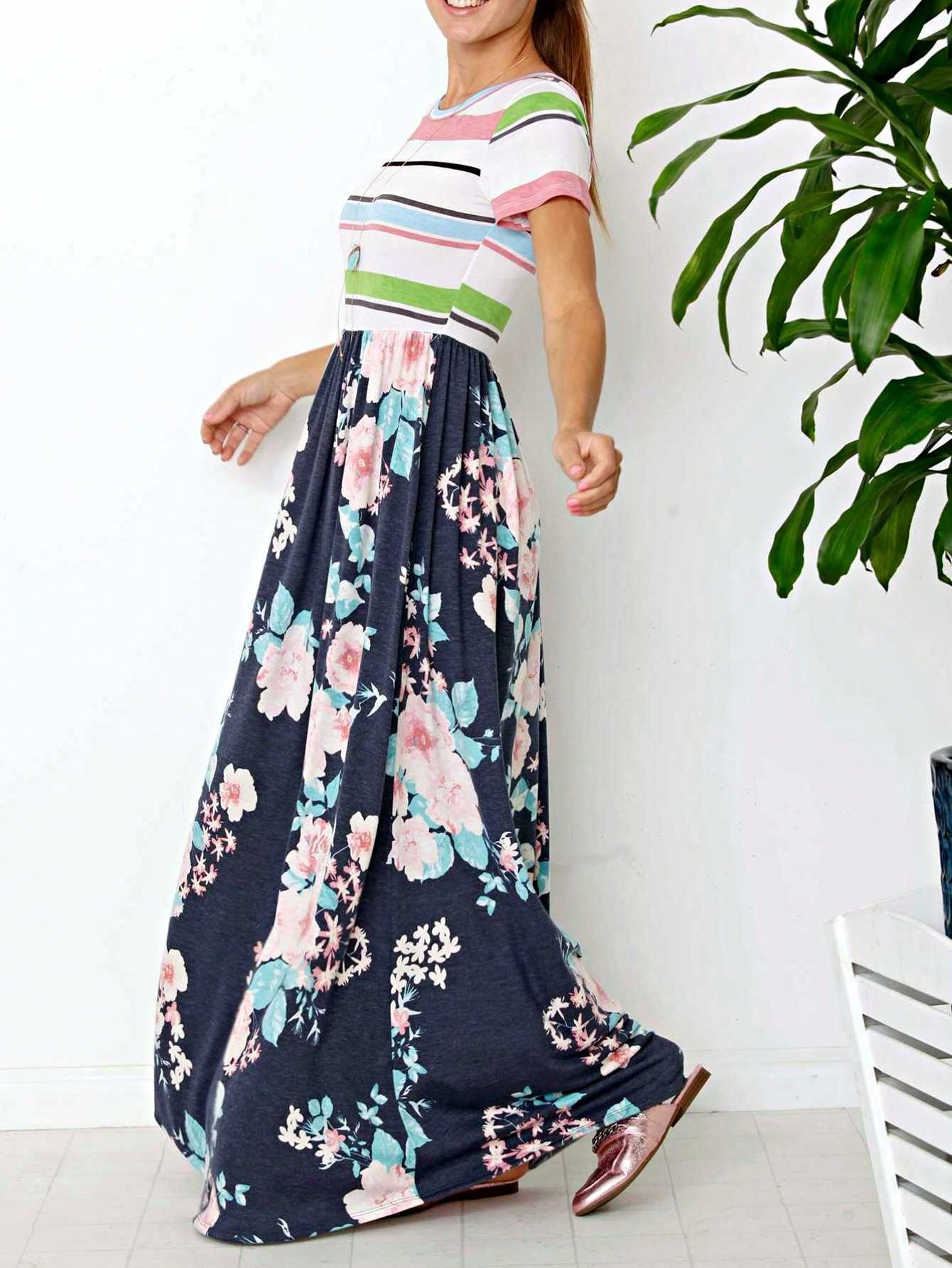 Halter Sleeveless Ditsy Floral Vacation Cruise Multi Chevron Stripe Yellow, Navy And Mint Sleeveless Maxi Dress With Pocket | S-3X