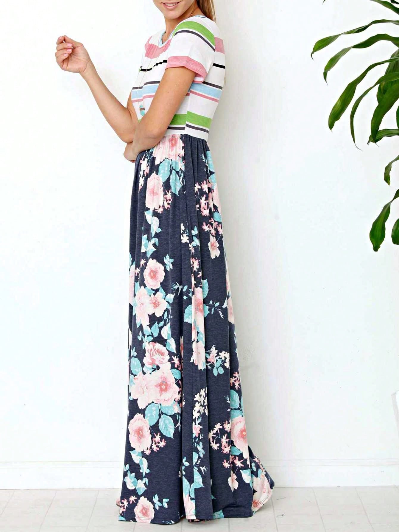 Halter Sleeveless Ditsy Floral Vacation Cruise Multi Chevron Stripe Yellow, Navy And Mint Sleeveless Maxi Dress With Pocket | S-3X