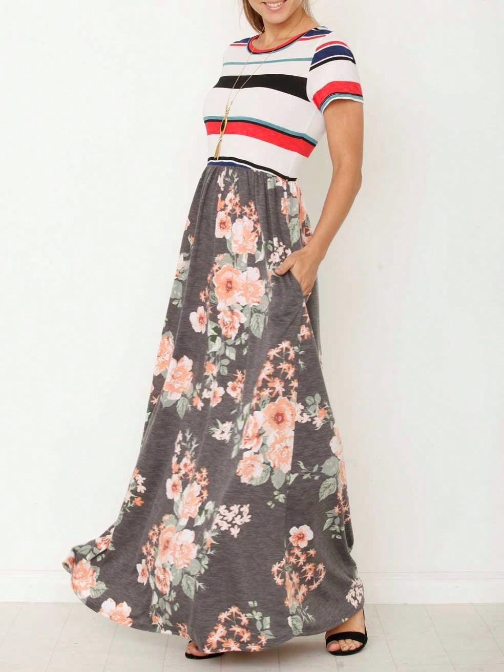 Halter Sleeveless Ditsy Floral Vacation Cruise Multi Chevron Stripe Yellow, Navy And Mint Sleeveless Maxi Dress With Pocket | S-3X