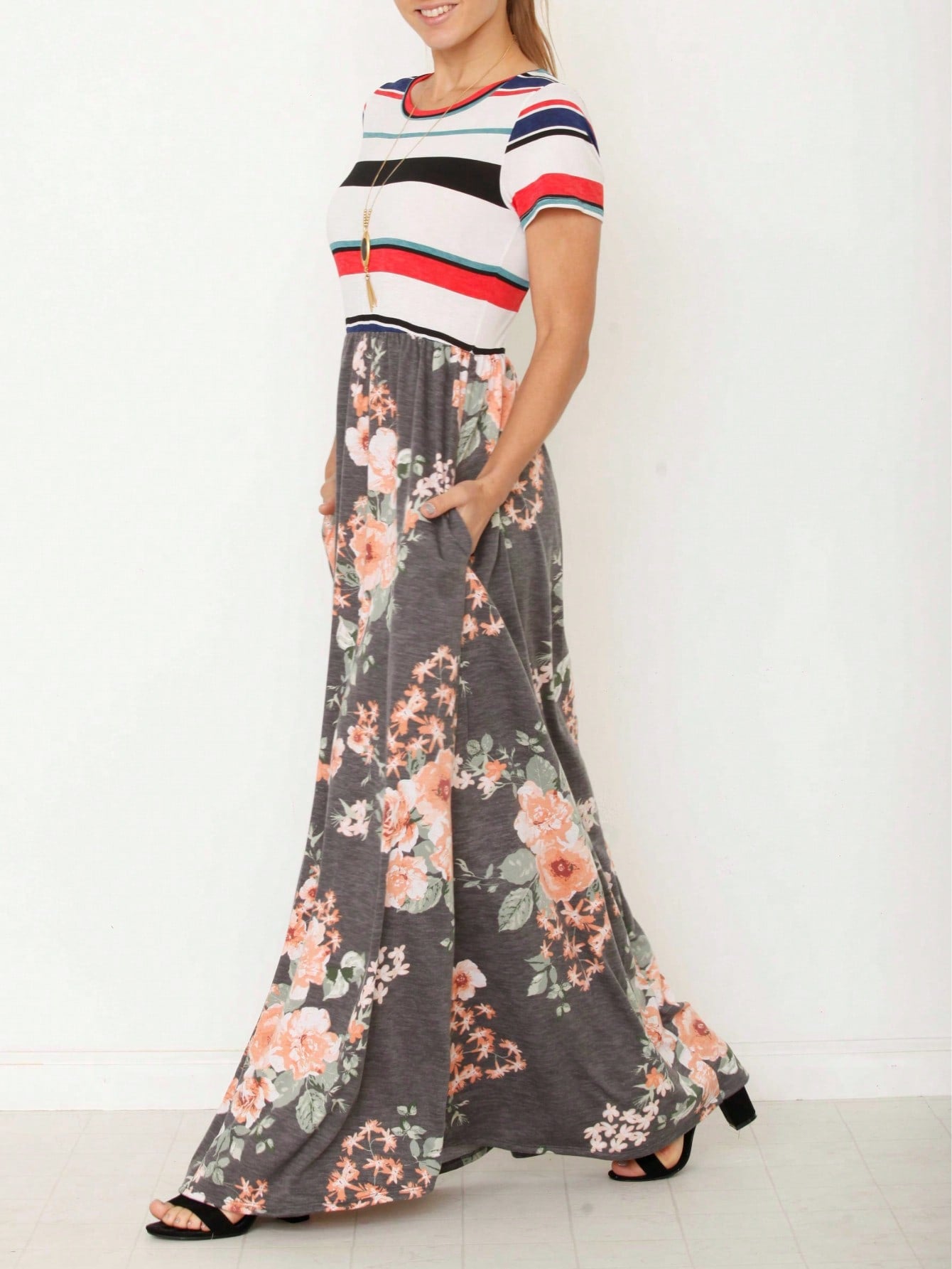 Halter Sleeveless Ditsy Floral Vacation Cruise Multi Chevron Stripe Yellow, Navy And Mint Sleeveless Maxi Dress With Pocket | S-3X