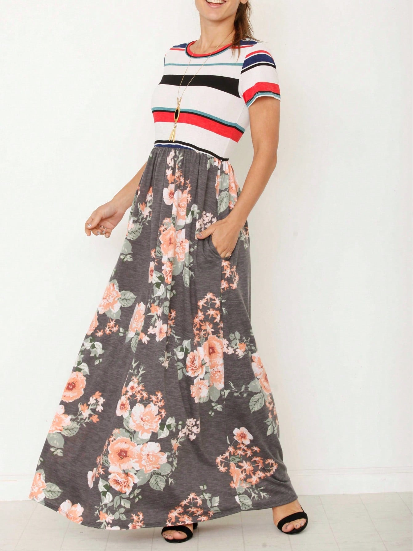 Halter Sleeveless Ditsy Floral Vacation Cruise Multi Chevron Stripe Yellow, Navy And Mint Sleeveless Maxi Dress With Pocket | S-3X