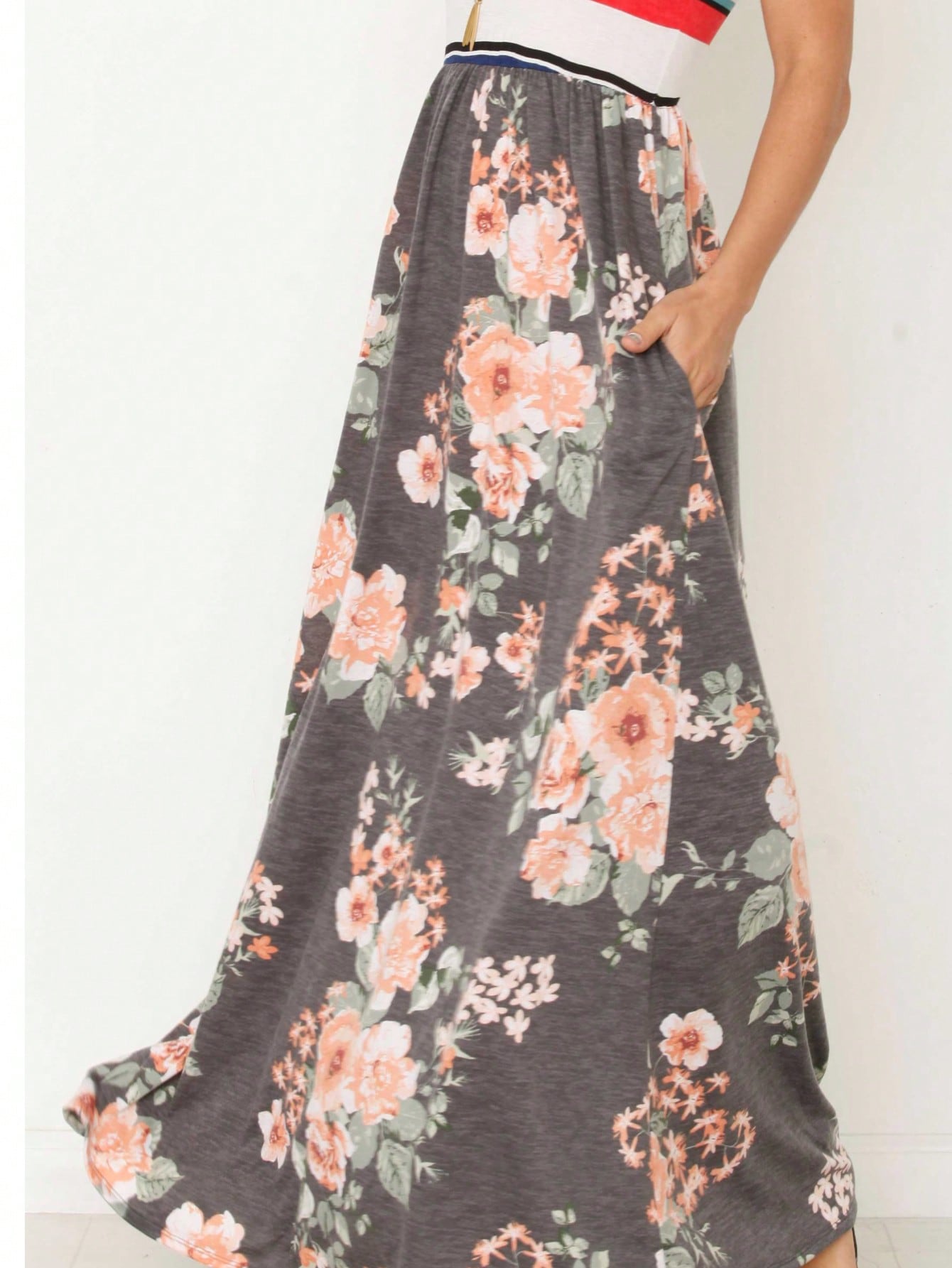 Halter Sleeveless Ditsy Floral Vacation Cruise Multi Chevron Stripe Yellow, Navy And Mint Sleeveless Maxi Dress With Pocket | S-3X