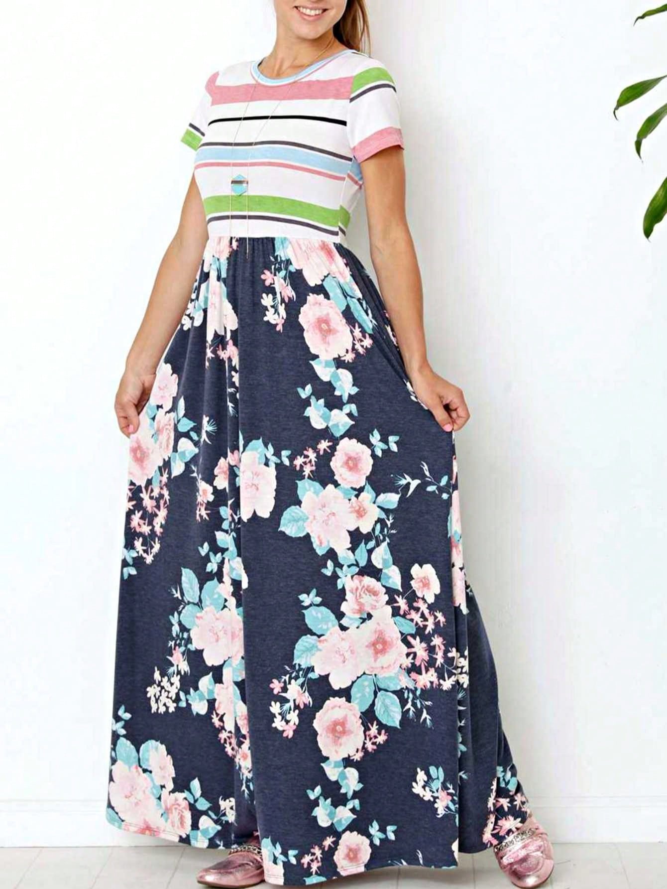 Halter Sleeveless Ditsy Floral Vacation Cruise Multi Chevron Stripe Yellow, Navy And Mint Sleeveless Maxi Dress With Pocket | S-3X