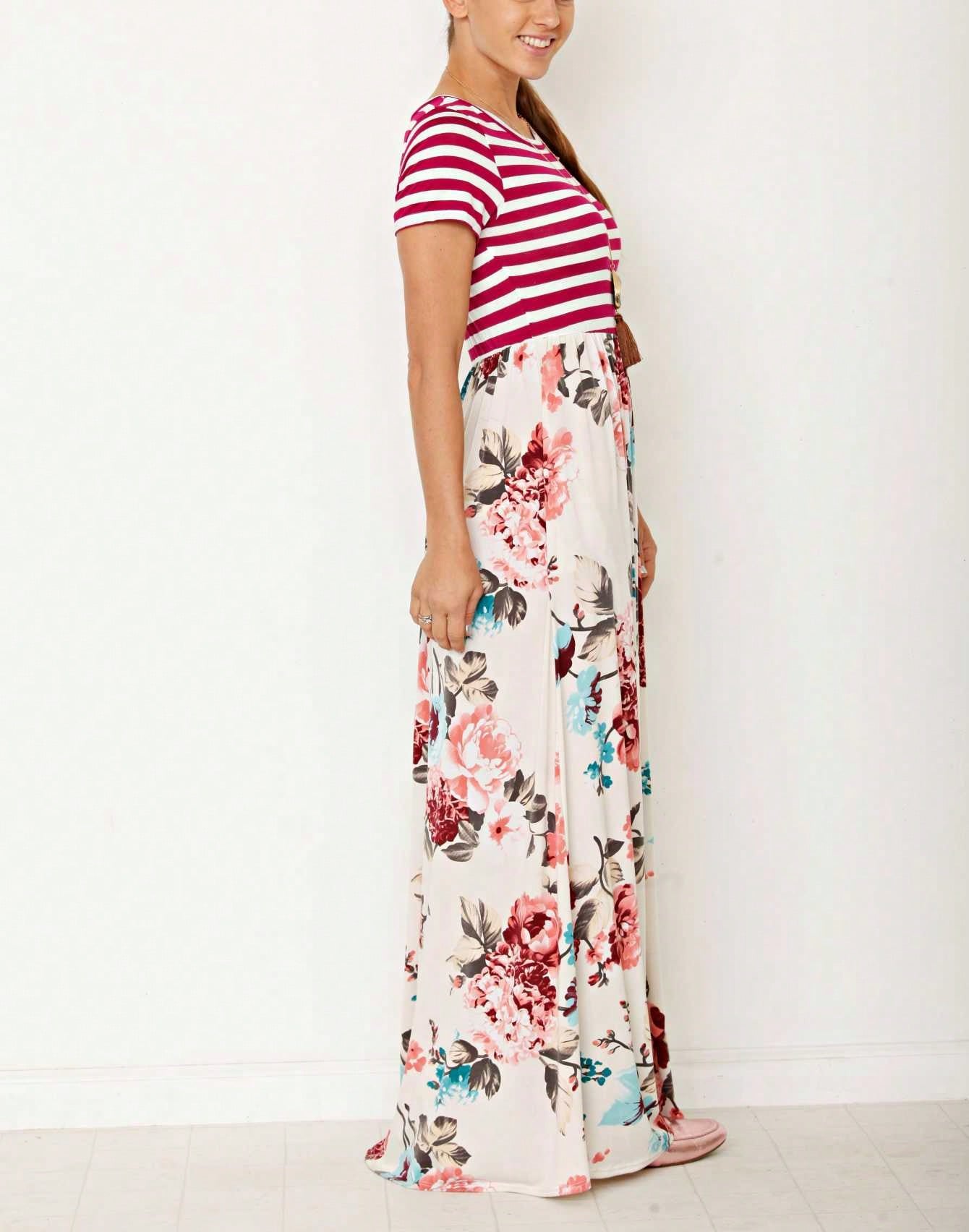 Halter Sleeveless Ditsy Floral Vacation Cruise Multi Chevron Stripe Yellow, Navy And Mint Sleeveless Maxi Dress With Pocket | S-3X