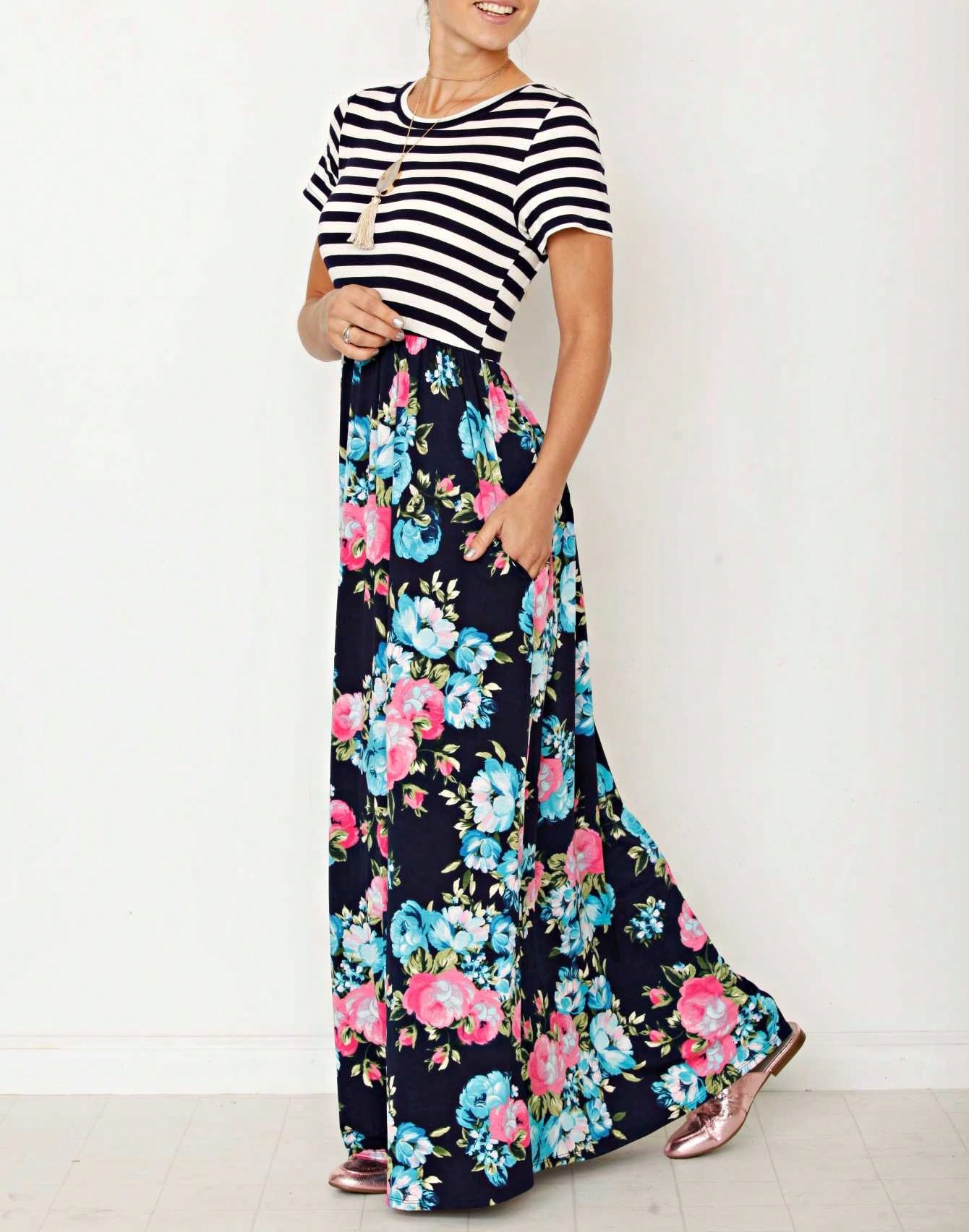 Halter Sleeveless Ditsy Floral Vacation Cruise Multi Chevron Stripe Yellow, Navy And Mint Sleeveless Maxi Dress With Pocket | S-3X