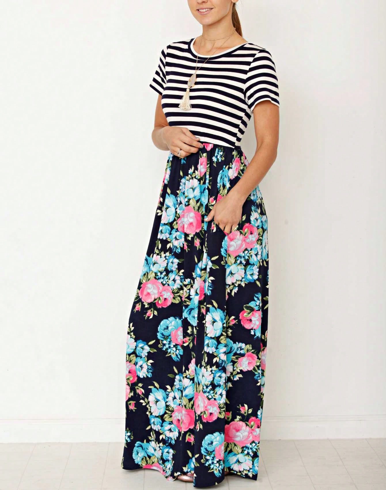 Halter Sleeveless Ditsy Floral Vacation Cruise Multi Chevron Stripe Yellow, Navy And Mint Sleeveless Maxi Dress With Pocket | S-3X