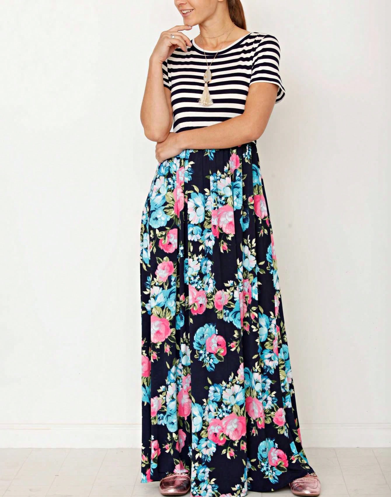 Halter Sleeveless Ditsy Floral Vacation Cruise Multi Chevron Stripe Yellow, Navy And Mint Sleeveless Maxi Dress With Pocket | S-3X