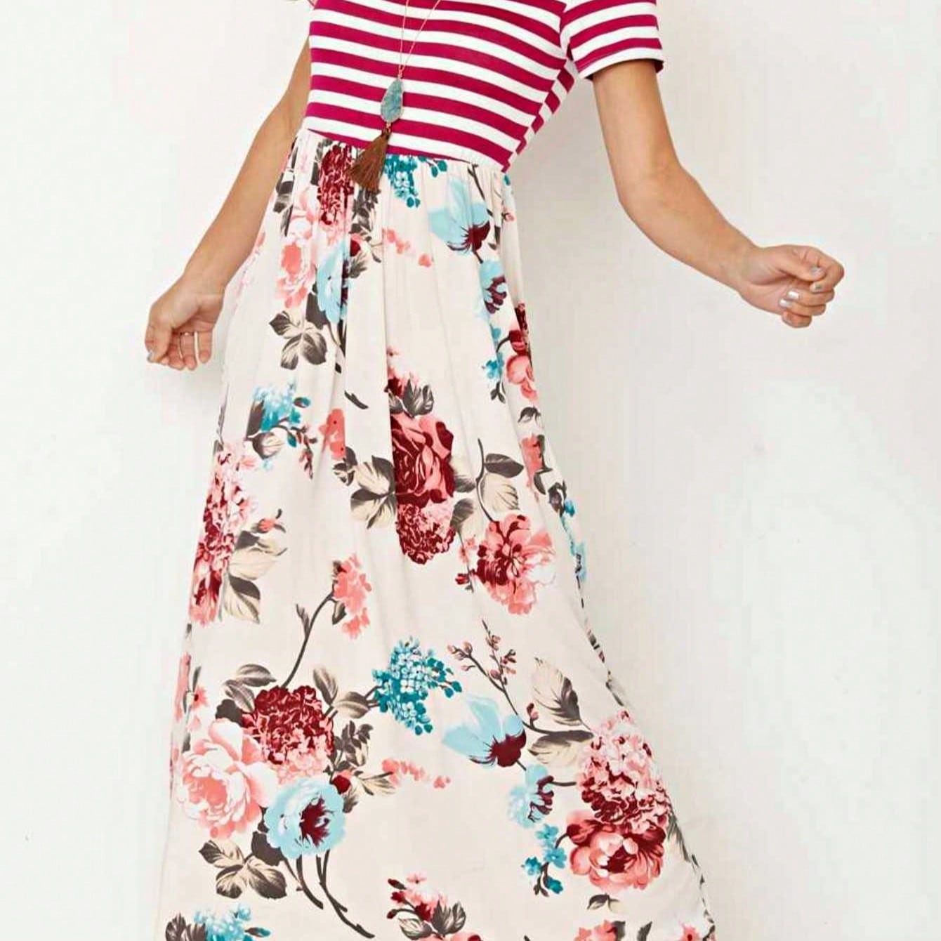 Halter Sleeveless Ditsy Floral Vacation Cruise Multi Chevron Stripe Yellow, Navy And Mint Sleeveless Maxi Dress With Pocket | S-3X