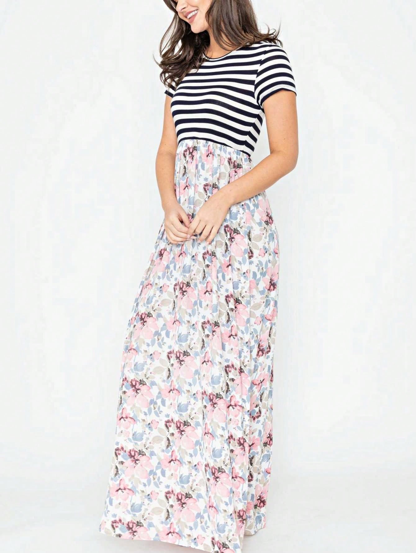 Halter Sleeveless Ditsy Floral Vacation Cruise Multi Chevron Stripe Yellow, Navy And Mint Sleeveless Maxi Dress With Pocket | S-3X