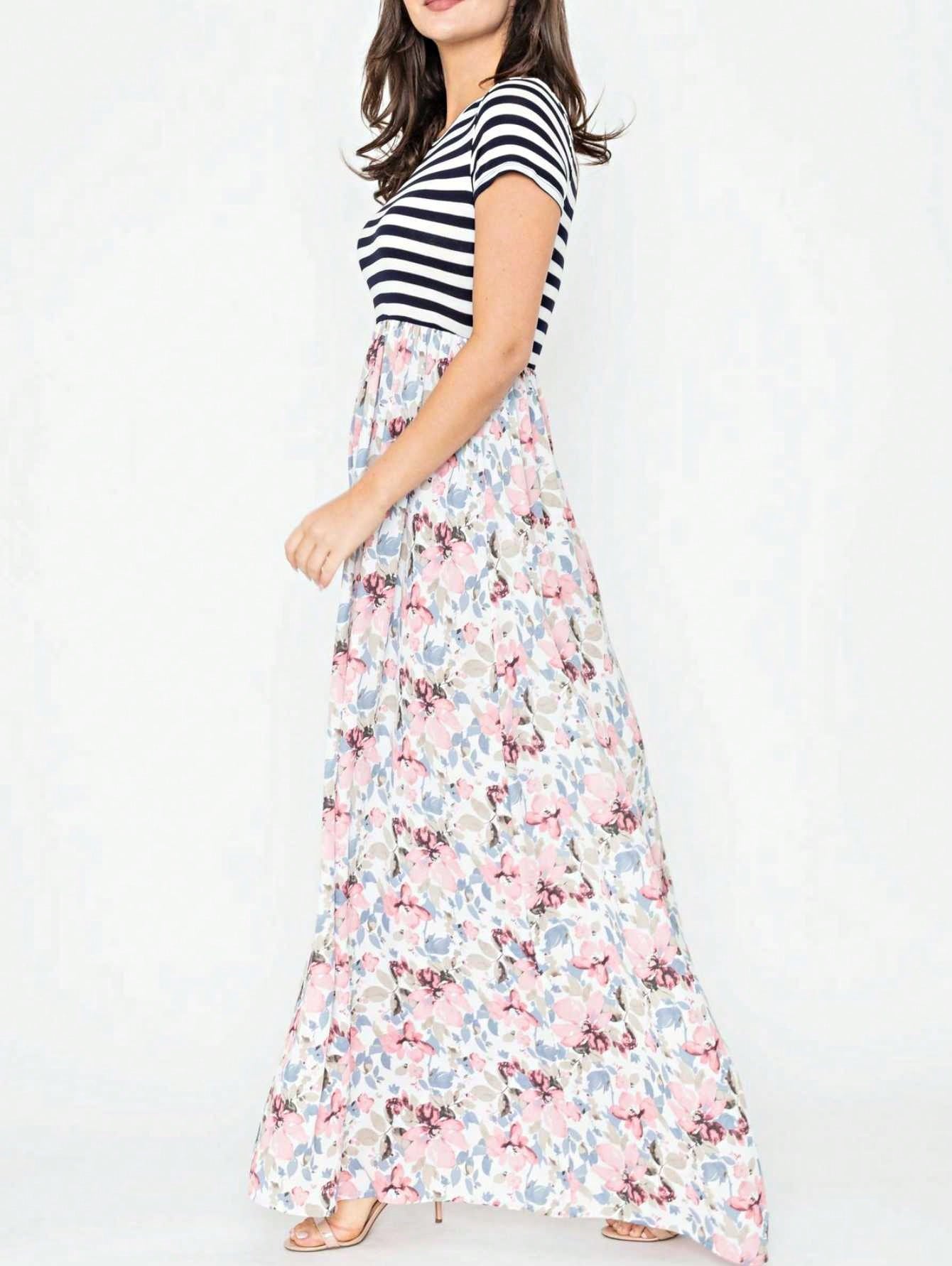Halter Sleeveless Ditsy Floral Vacation Cruise Multi Chevron Stripe Yellow, Navy And Mint Sleeveless Maxi Dress With Pocket | S-3X