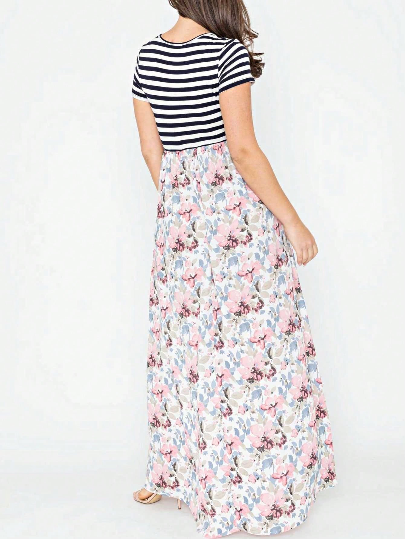 Halter Sleeveless Ditsy Floral Vacation Cruise Multi Chevron Stripe Yellow, Navy And Mint Sleeveless Maxi Dress With Pocket | S-3X