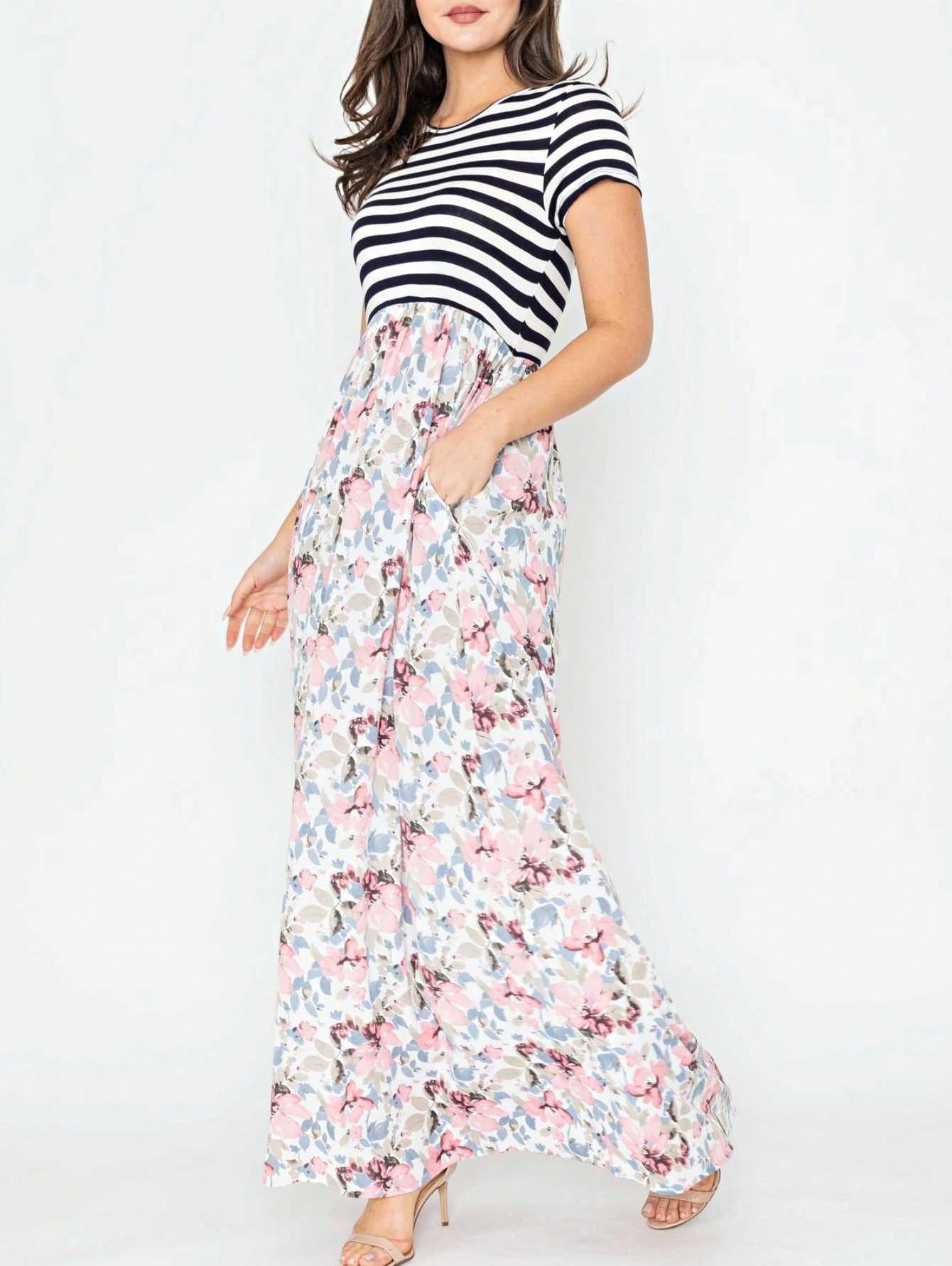 Halter Sleeveless Ditsy Floral Vacation Cruise Multi Chevron Stripe Yellow, Navy And Mint Sleeveless Maxi Dress With Pocket | S-3X
