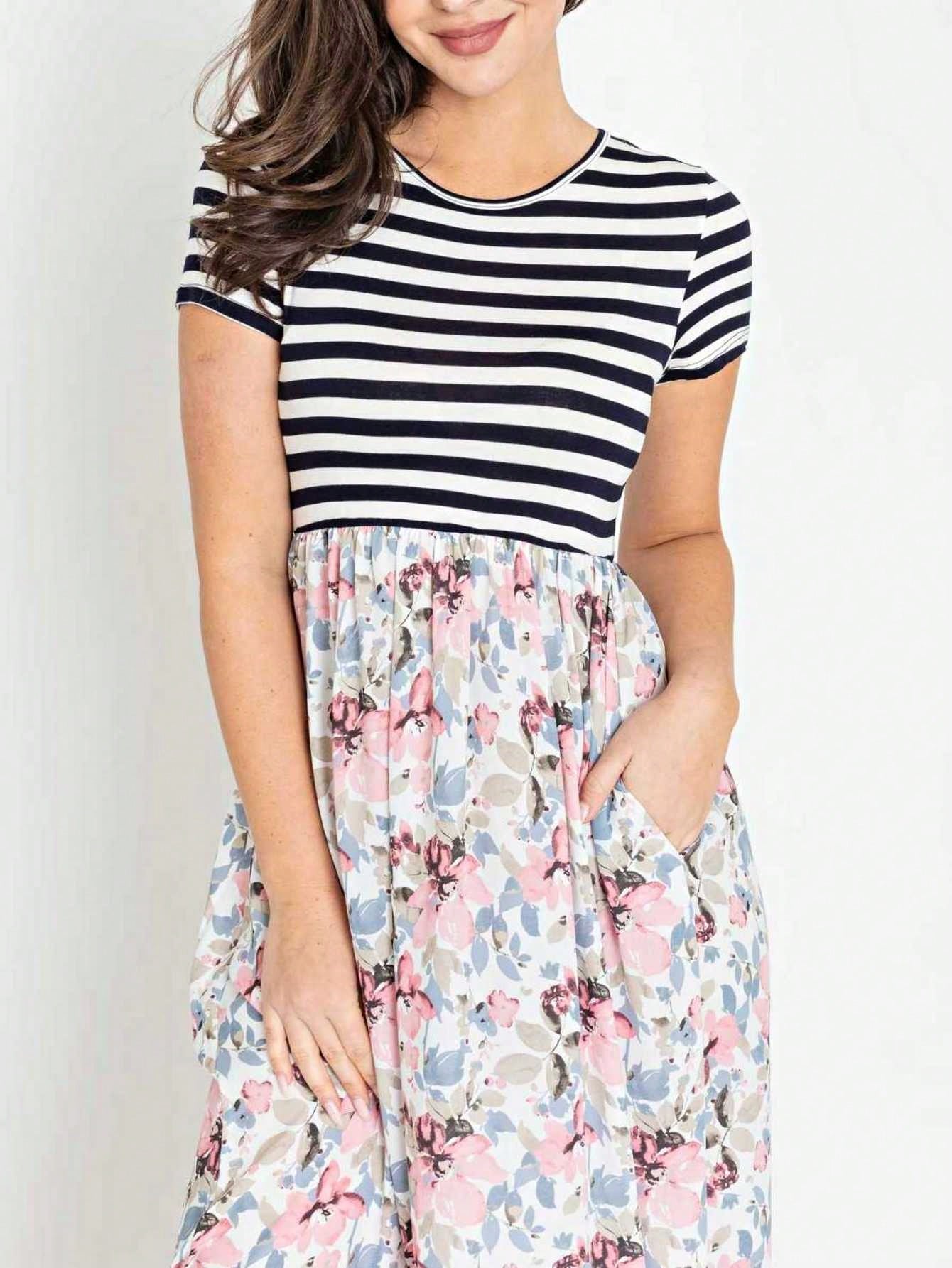 Halter Sleeveless Ditsy Floral Vacation Cruise Multi Chevron Stripe Yellow, Navy And Mint Sleeveless Maxi Dress With Pocket | S-3X