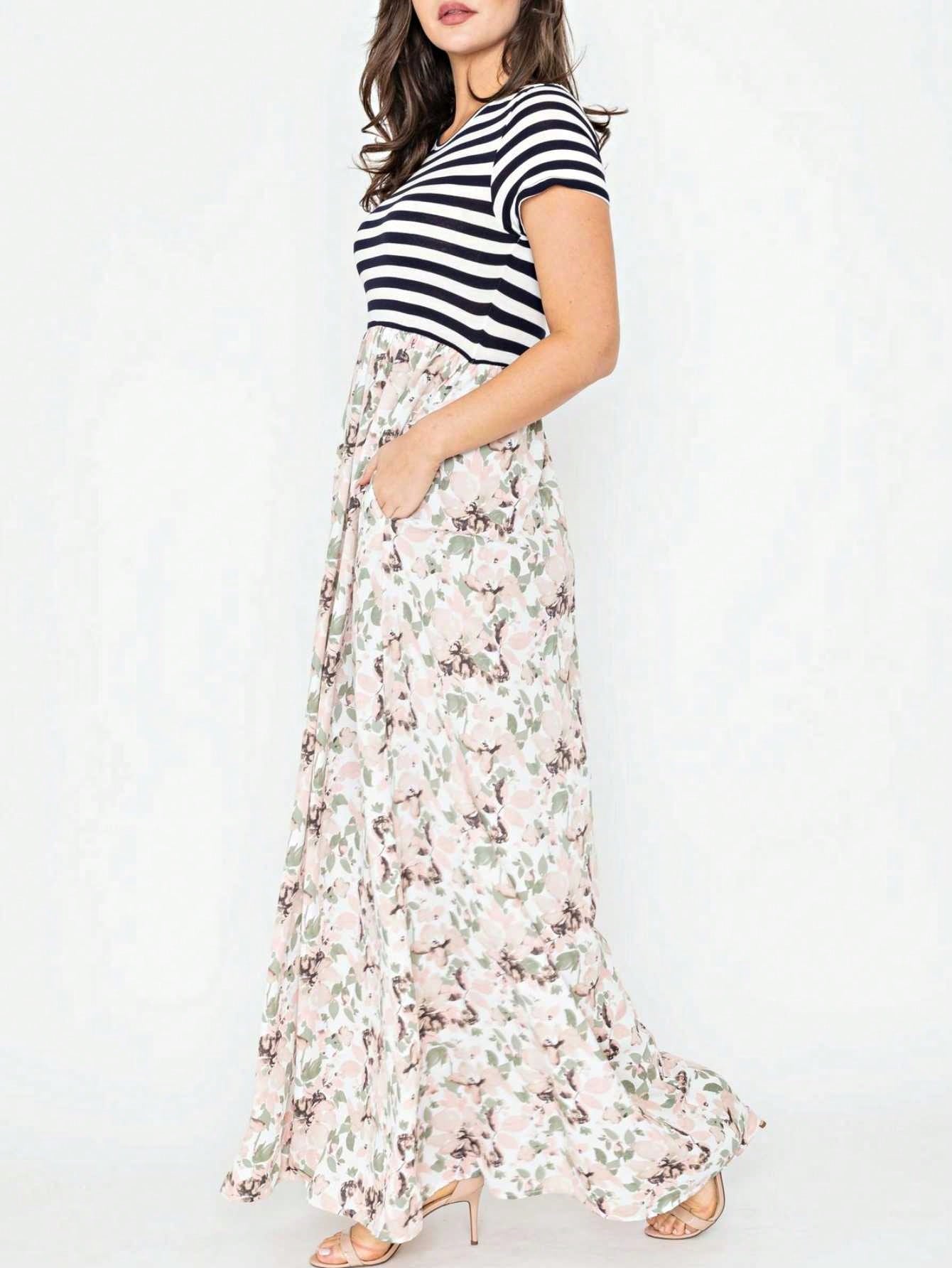 Halter Sleeveless Ditsy Floral Vacation Cruise Multi Chevron Stripe Yellow, Navy And Mint Sleeveless Maxi Dress With Pocket | S-3X