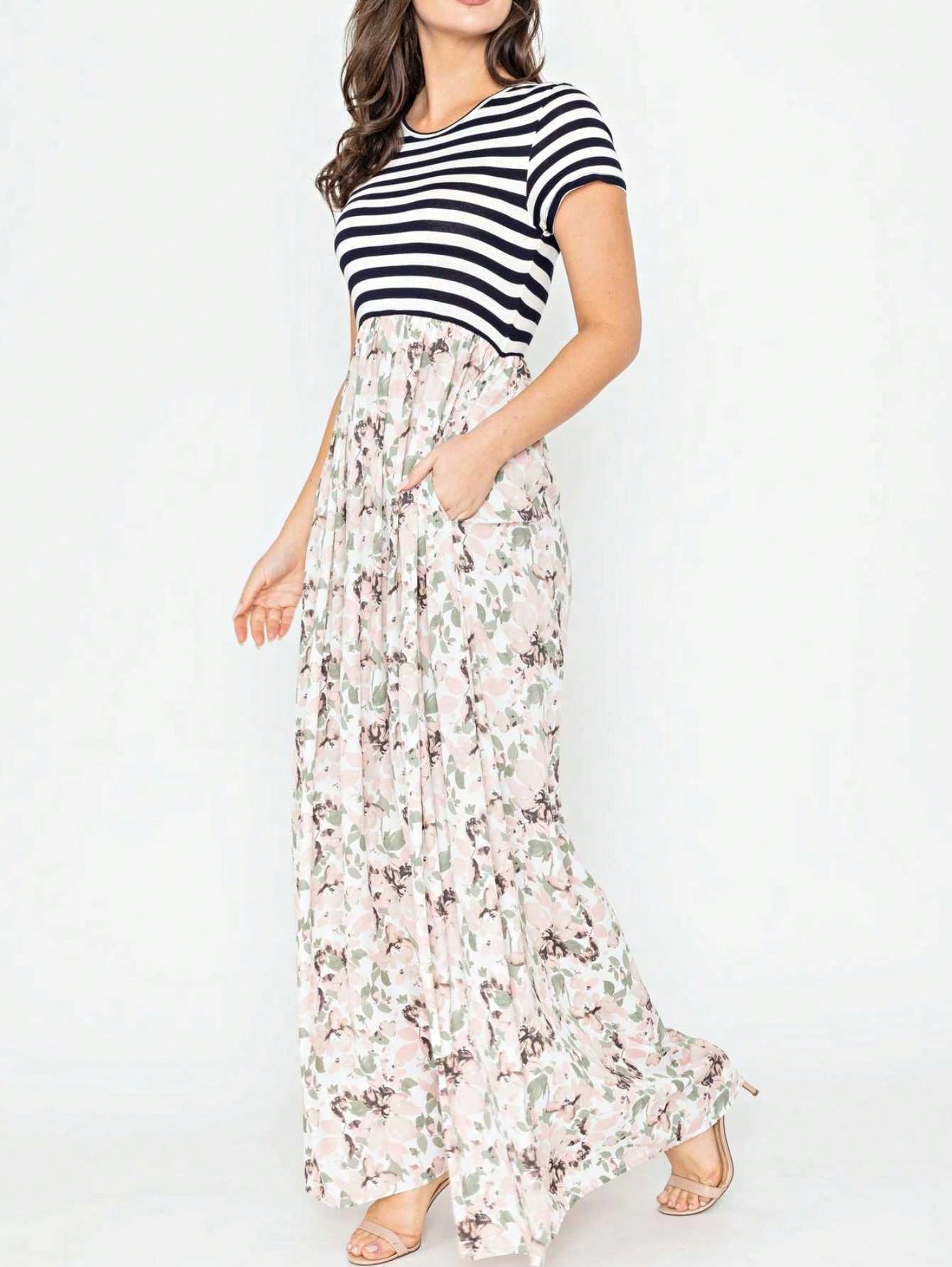 Halter Sleeveless Ditsy Floral Vacation Cruise Multi Chevron Stripe Yellow, Navy And Mint Sleeveless Maxi Dress With Pocket | S-3X